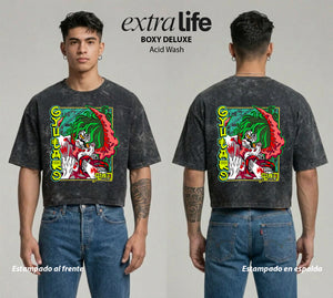 Playera streetwear premium de anime y gaming ExtraLife MX, corte boxy deluxe mineral wash heavyweight en color Acid Wash, moda urbana mexicana de culto.