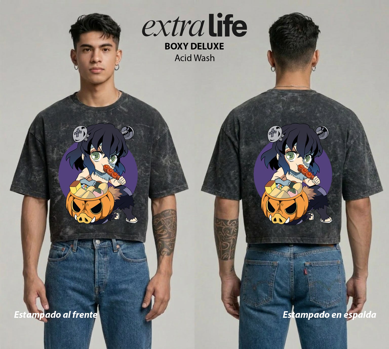 Playera streetwear premium de anime y gaming ExtraLife MX, corte boxy deluxe mineral wash heavyweight en color Acid Wash, moda urbana mexicana de culto.