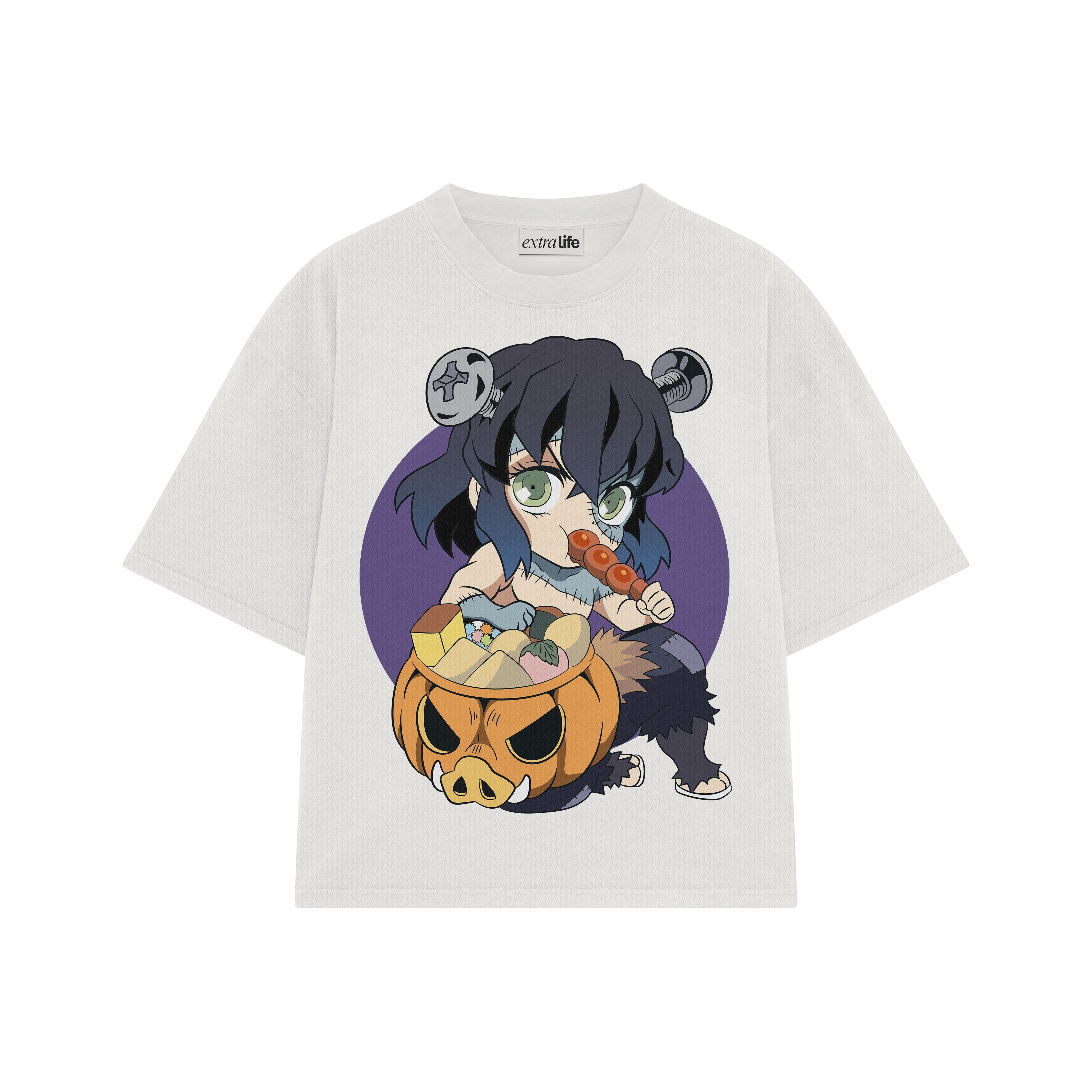 Playera streetwear premium de anime y gaming ExtraLife MX, corte boxy oversized drop shoulder heavyweight en color Deep Black y Off-White, moda urbana mexicana de culto.