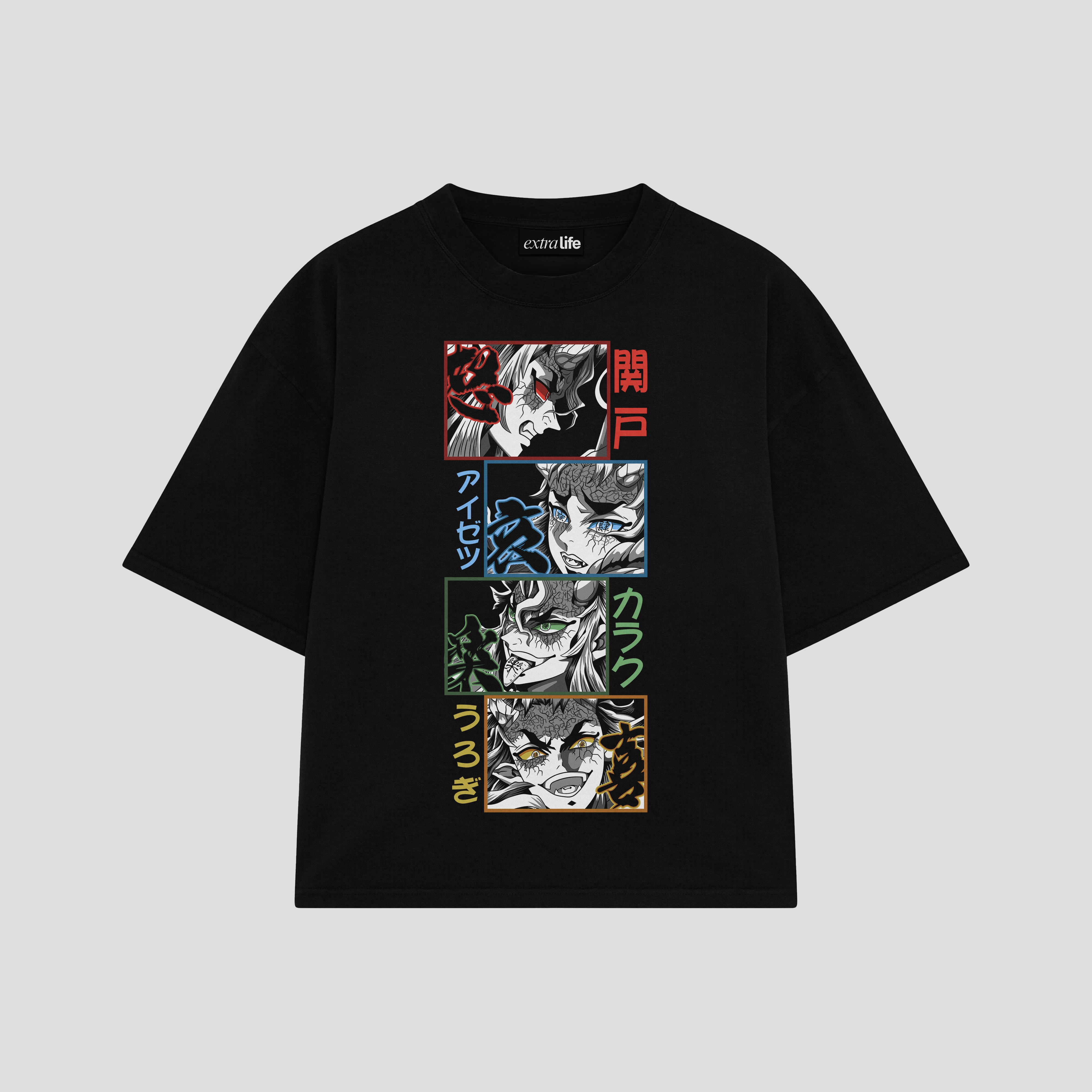 Playera streetwear premium de anime y gaming ExtraLife MX, corte boxy oversized drop shoulder heavyweight en color Deep Black y Off-White, moda urbana mexicana de culto.