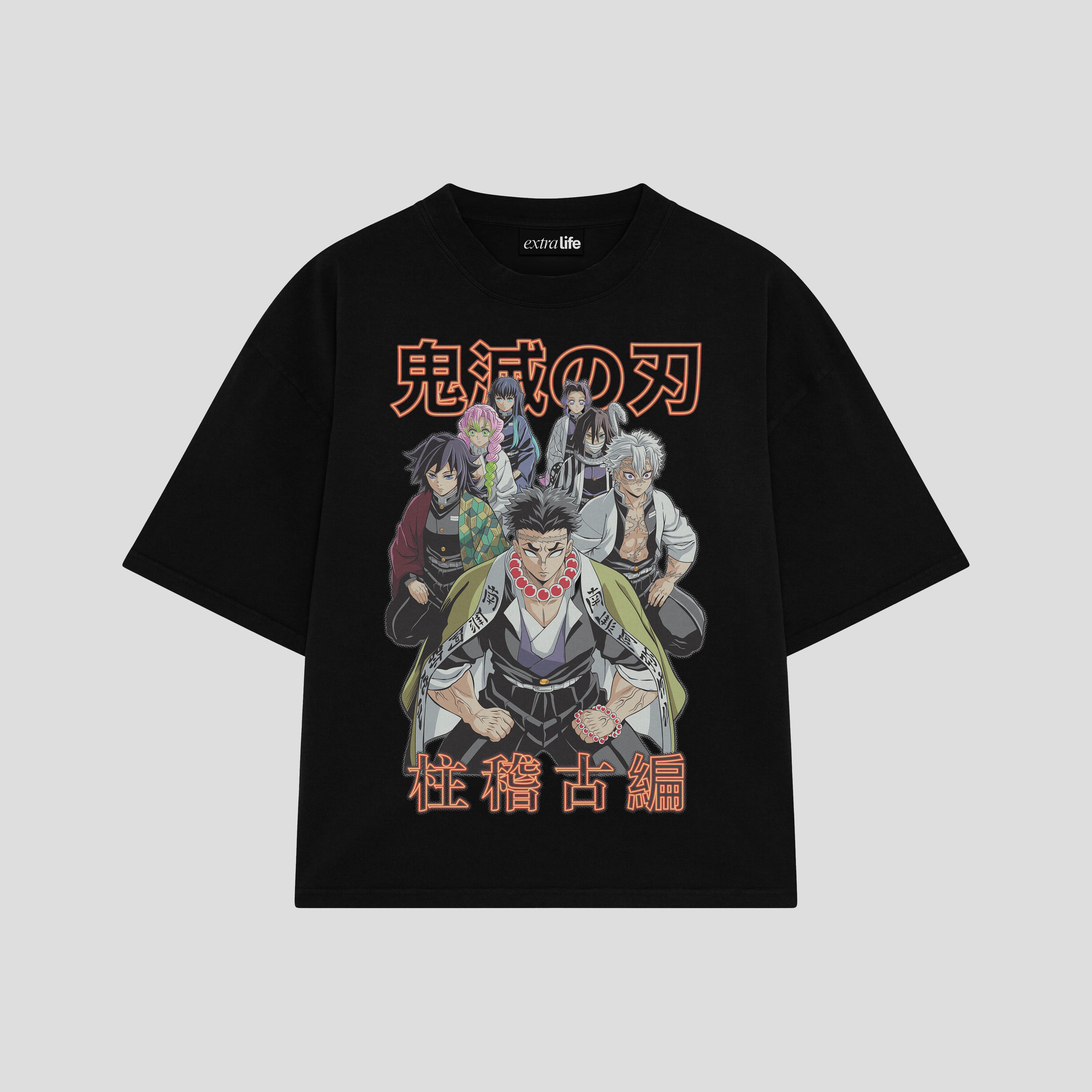 Playera streetwear premium de anime y gaming ExtraLife MX, corte boxy oversized drop shoulder heavyweight en color Deep Black y Off-White, moda urbana mexicana de culto.