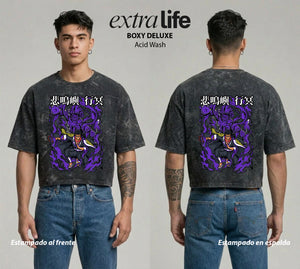 Playera streetwear premium de anime y gaming ExtraLife MX, corte boxy deluxe mineral wash heavyweight en color Acid Wash, moda urbana mexicana de culto.