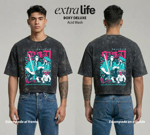 Playera streetwear premium de anime y gaming ExtraLife MX, corte boxy deluxe mineral wash heavyweight en color Acid Wash, moda urbana mexicana de culto.