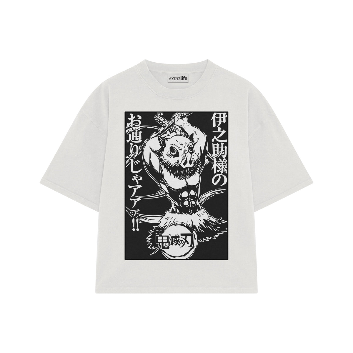 Playera streetwear premium de anime y gaming ExtraLife MX, corte oversized drop shoulder ligero y fresco en color Deep Black y Off-White, moda urbana mexicana de culto.