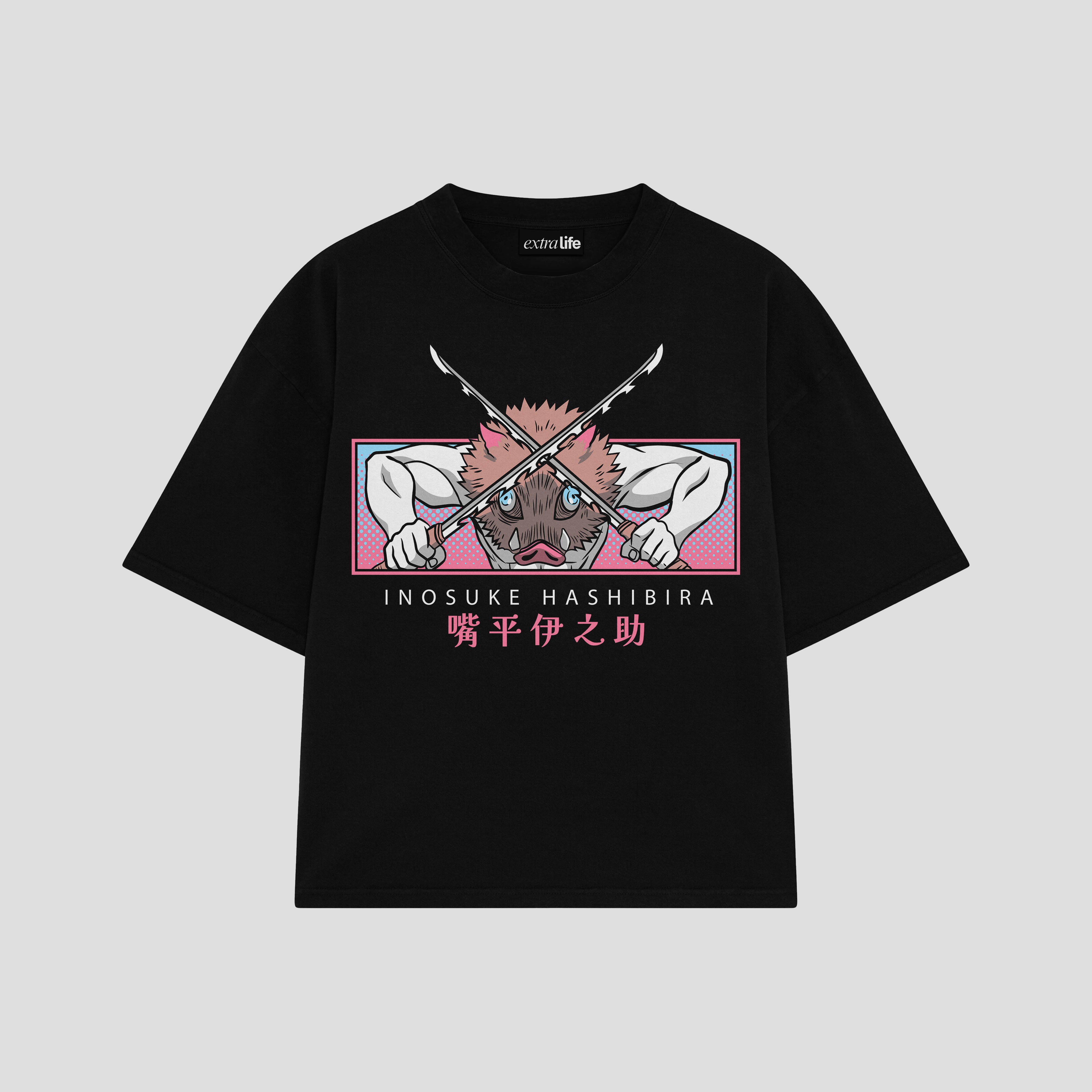 Playera streetwear premium de anime y gaming ExtraLife MX, corte boxy oversized drop shoulder heavyweight en color Deep Black y Off-White, moda urbana mexicana de culto.