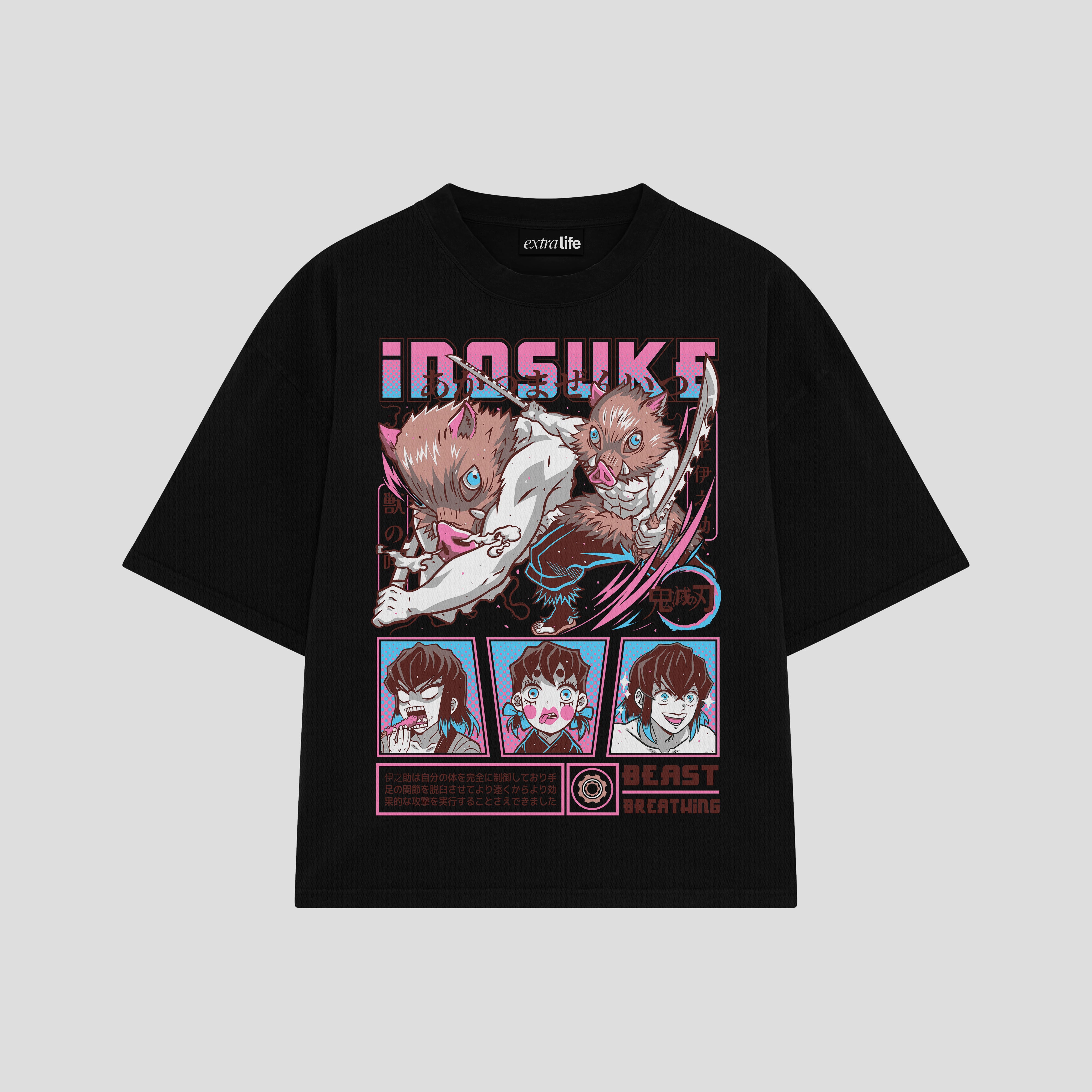 Playera streetwear premium de anime y gaming ExtraLife MX, corte boxy oversized drop shoulder heavyweight en color Deep Black y Off-White, moda urbana mexicana de culto.