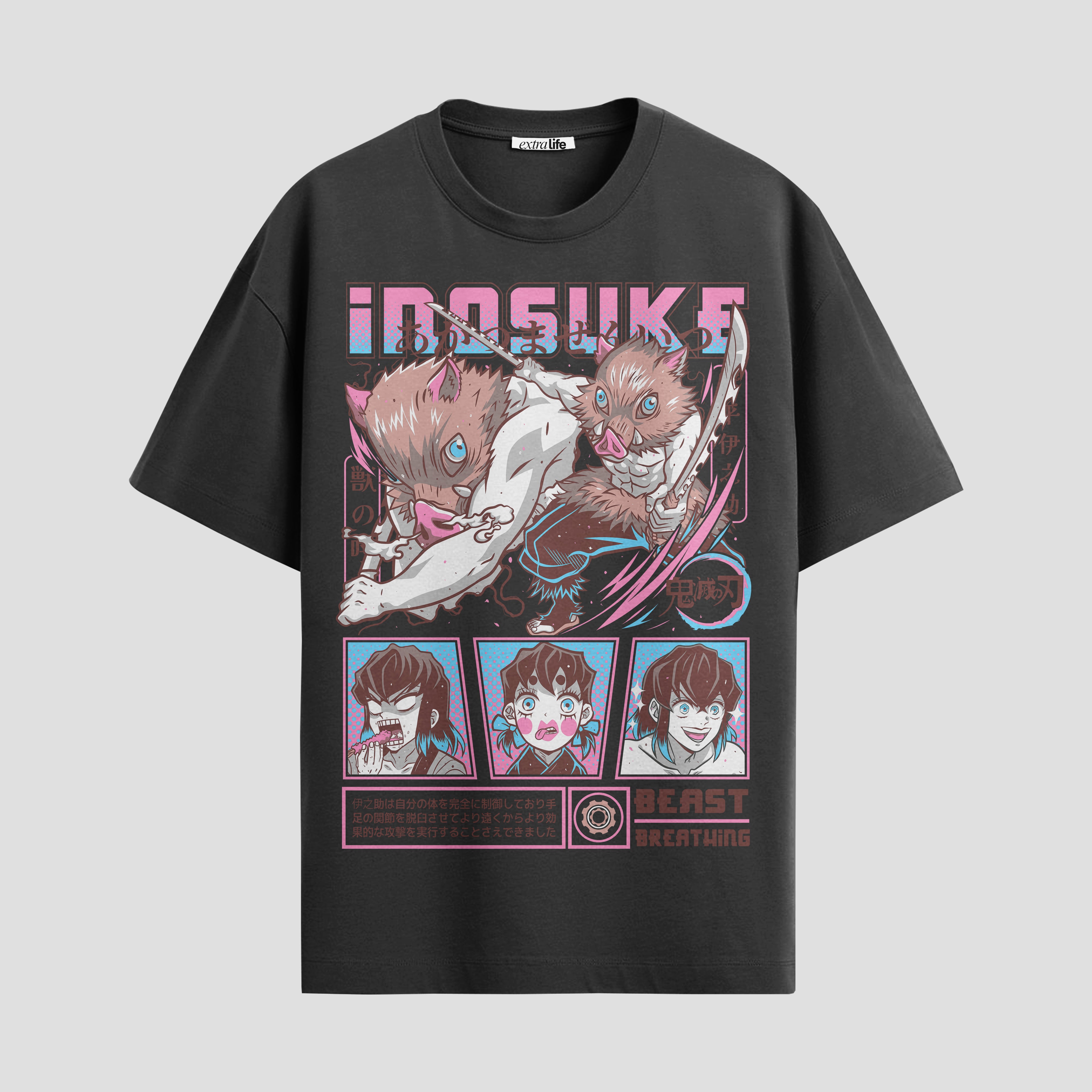 Playera urbana de anime y gaming ExtraLife MX, corte Standard Fit unisex ligero y transpirable en color Deep Black y Pure White, ropa de uso diario para gym y casual.
