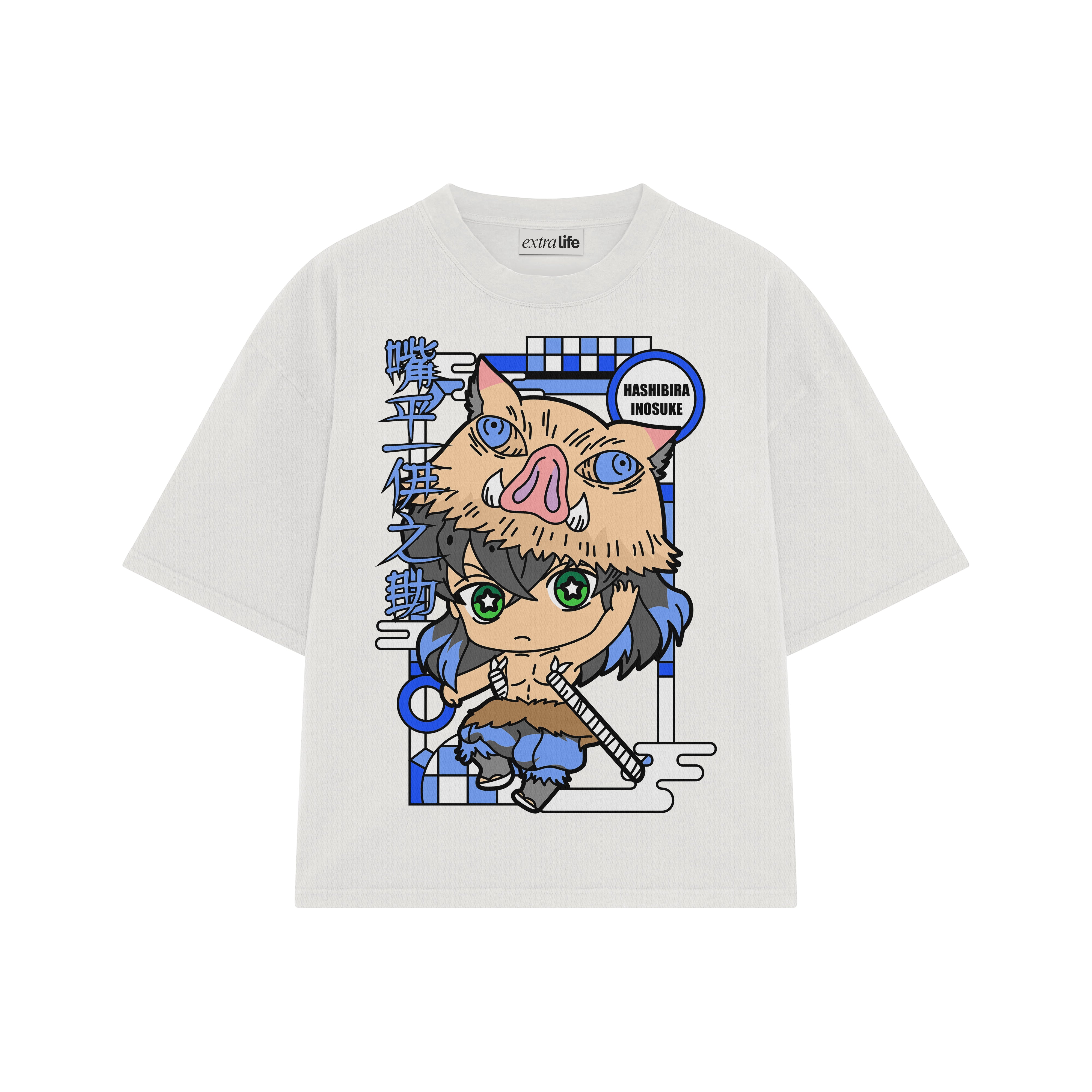 Playera streetwear premium de anime y gaming ExtraLife MX, corte boxy oversized drop shoulder heavyweight en color Deep Black y Off-White, moda urbana mexicana de culto.