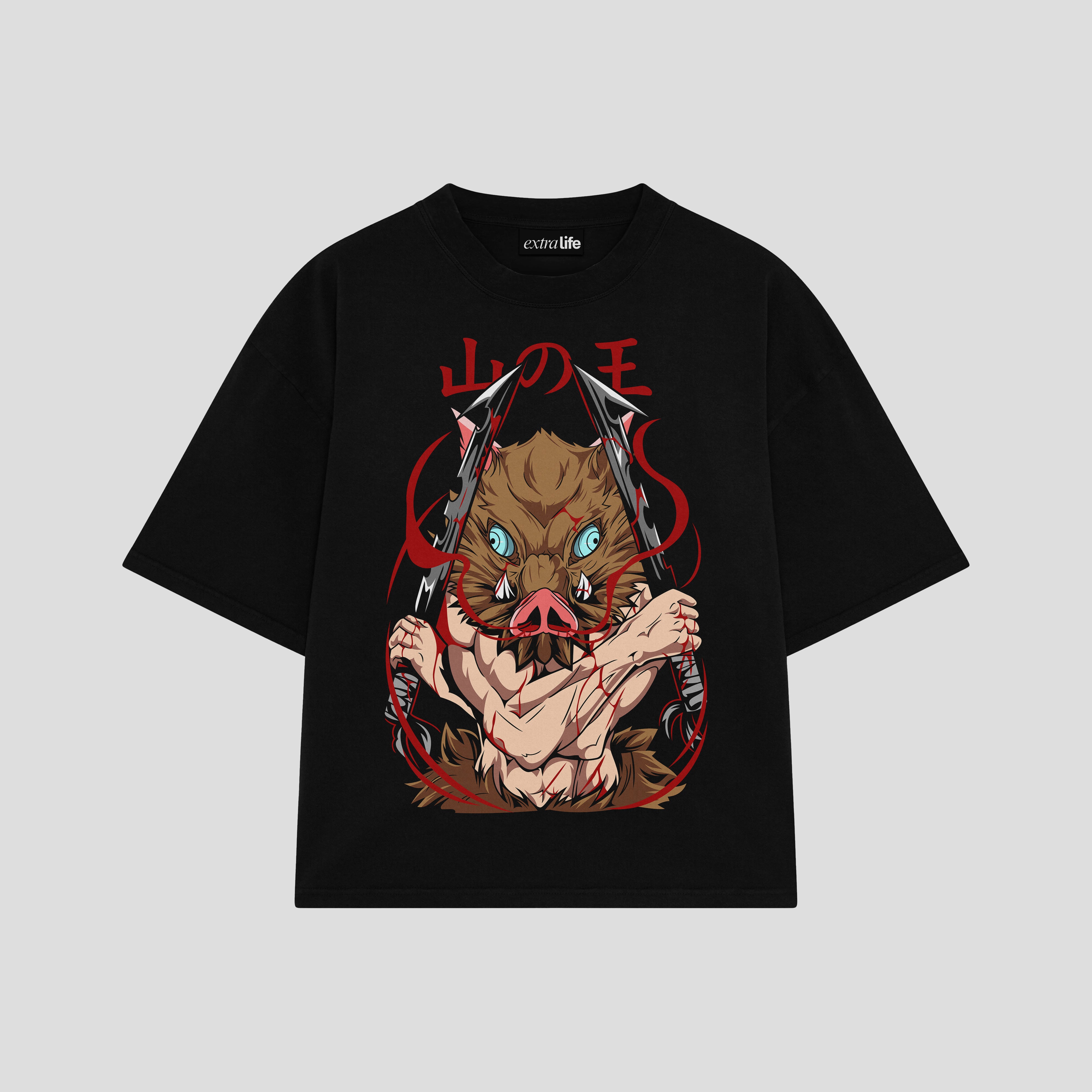 Playera streetwear premium de anime y gaming ExtraLife MX, corte boxy oversized drop shoulder heavyweight en color Deep Black y Off-White, moda urbana mexicana de culto.