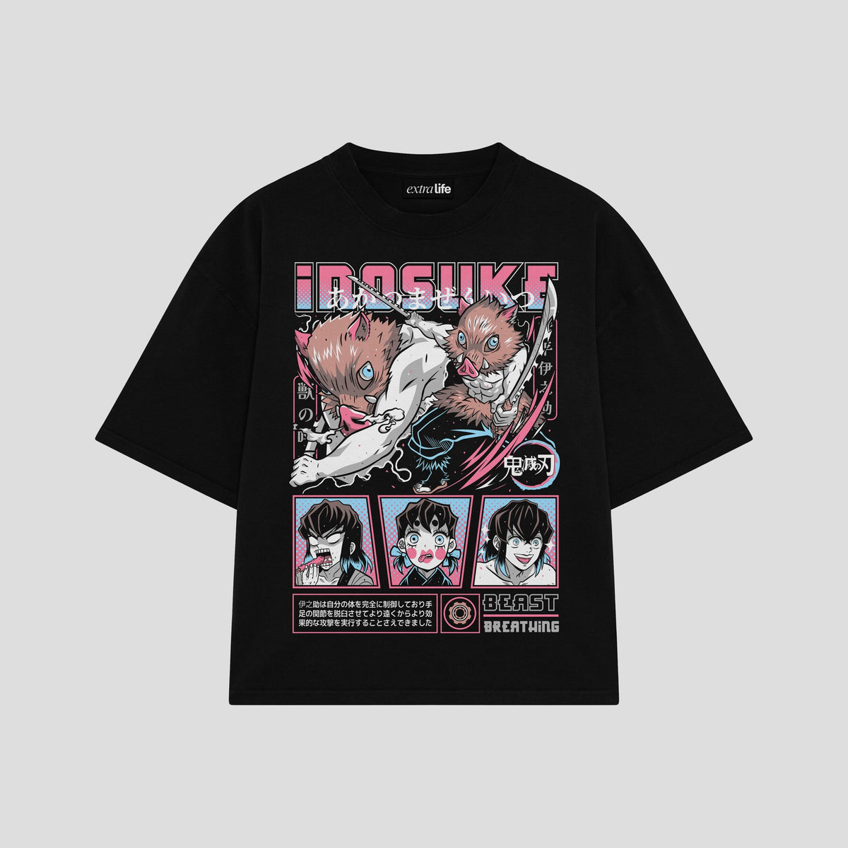 Playera streetwear premium de anime y gaming ExtraLife MX, corte oversized drop shoulder ligero y fresco en color Deep Black y Off-White, moda urbana mexicana de culto.