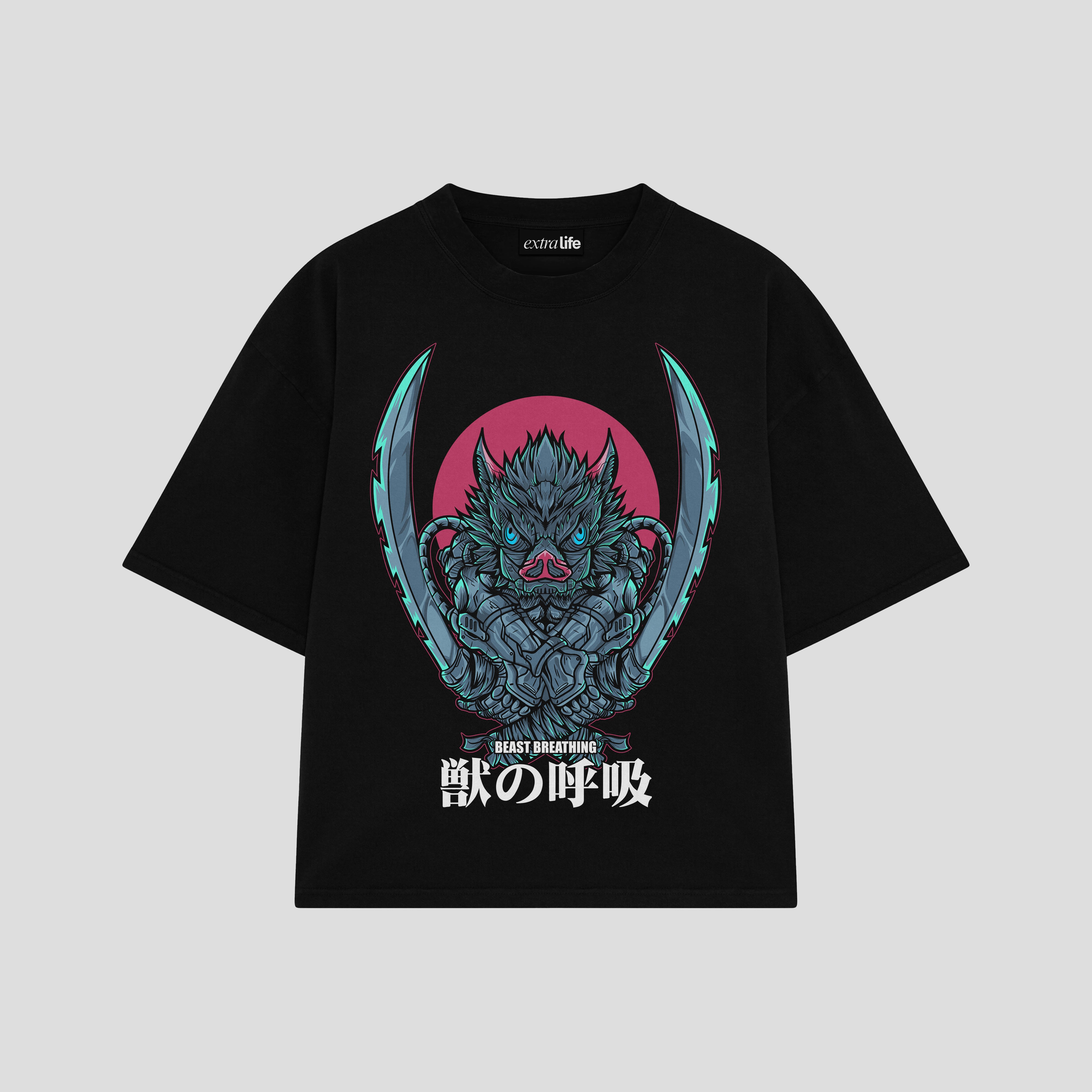 Playera streetwear premium de anime y gaming ExtraLife MX, corte boxy oversized drop shoulder heavyweight en color Deep Black y Off-White, moda urbana mexicana de culto.