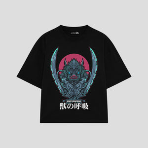 Playera streetwear premium de anime y gaming ExtraLife MX, corte boxy oversized drop shoulder heavyweight en color Deep Black y Off-White, moda urbana mexicana de culto.