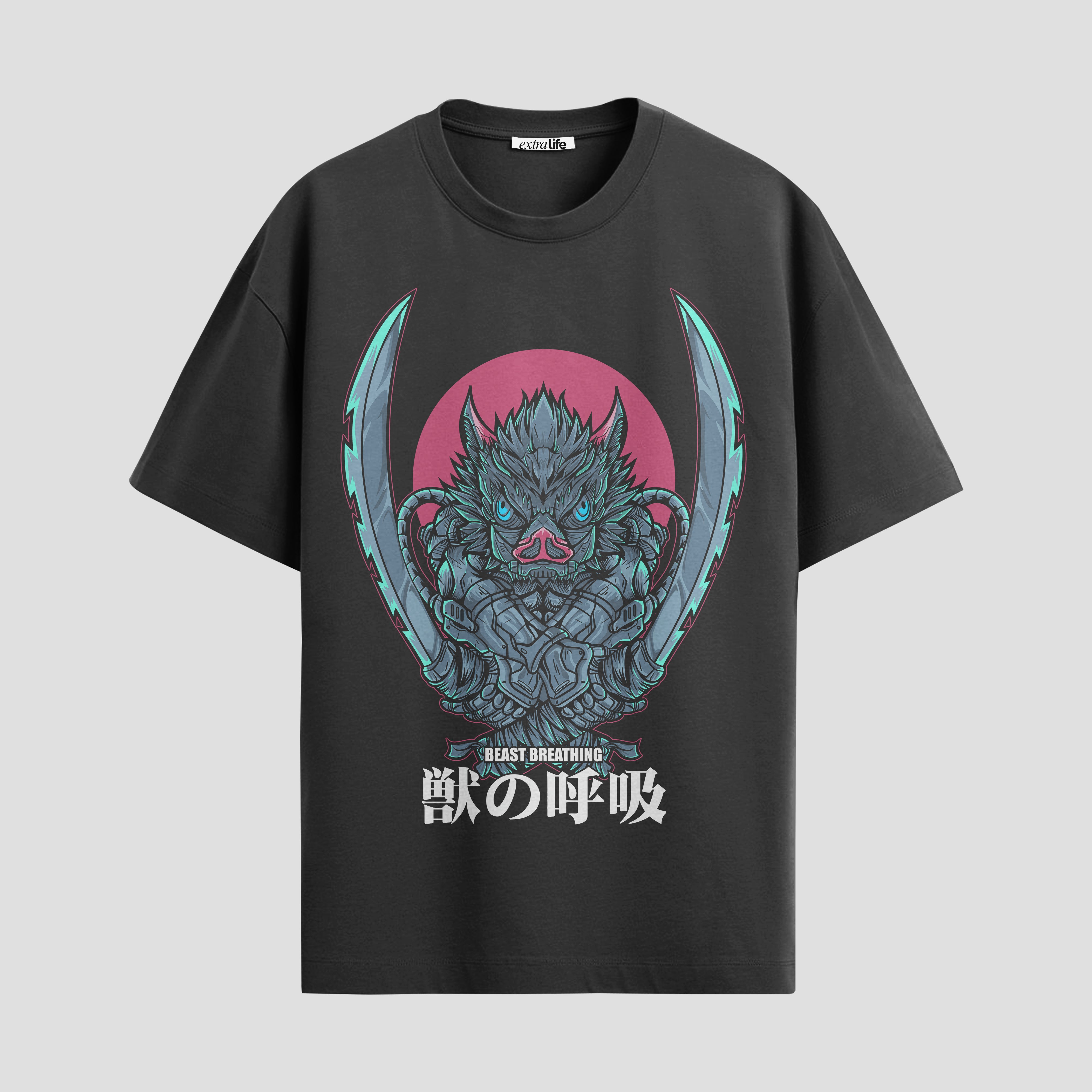 Playera urbana de anime y gaming ExtraLife MX, corte Standard Fit unisex ligero y transpirable en color Deep Black y Pure White, ropa de uso diario para gym y casual.