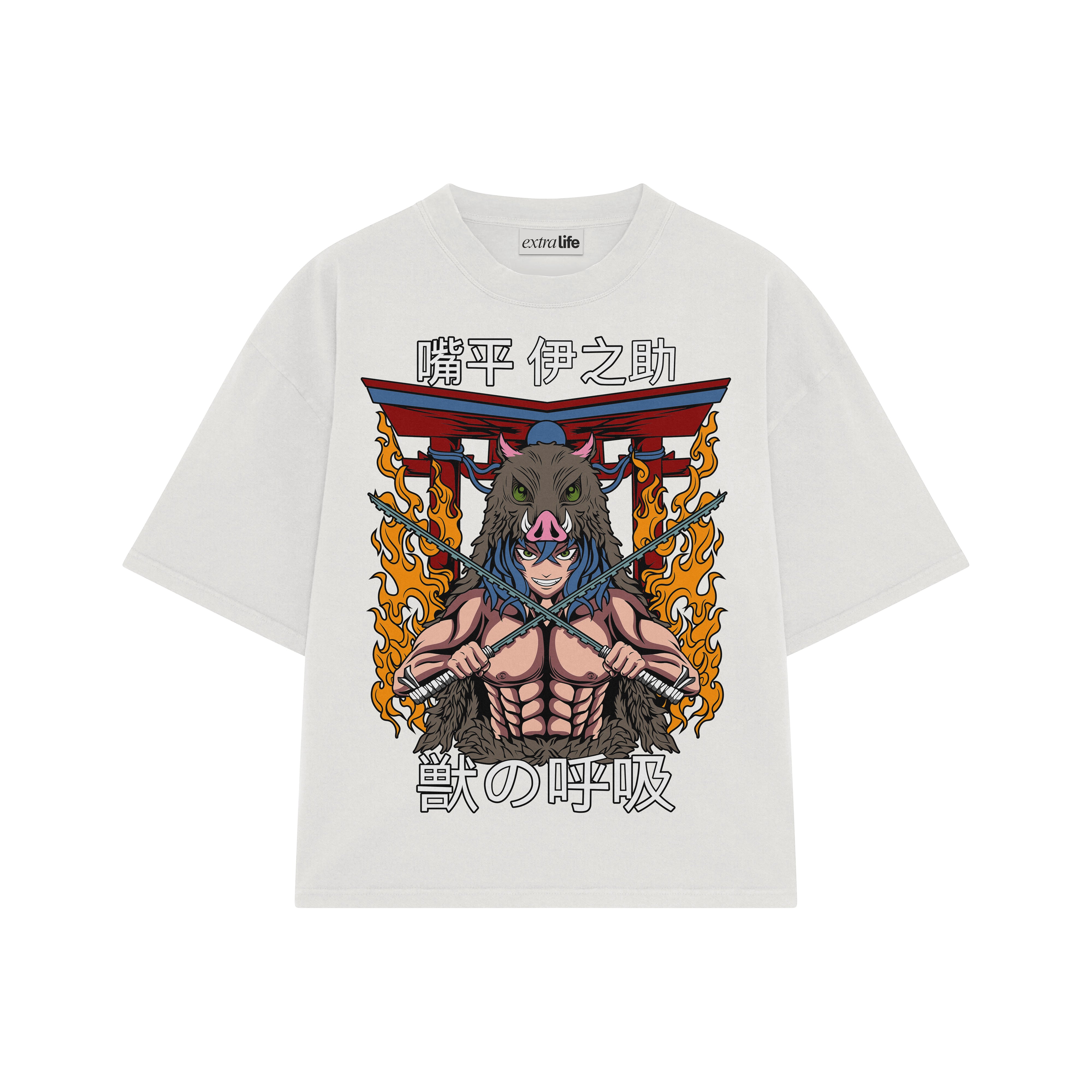 Playera streetwear premium de anime y gaming ExtraLife MX, corte boxy oversized drop shoulder heavyweight en color Deep Black y Off-White, moda urbana mexicana de culto.