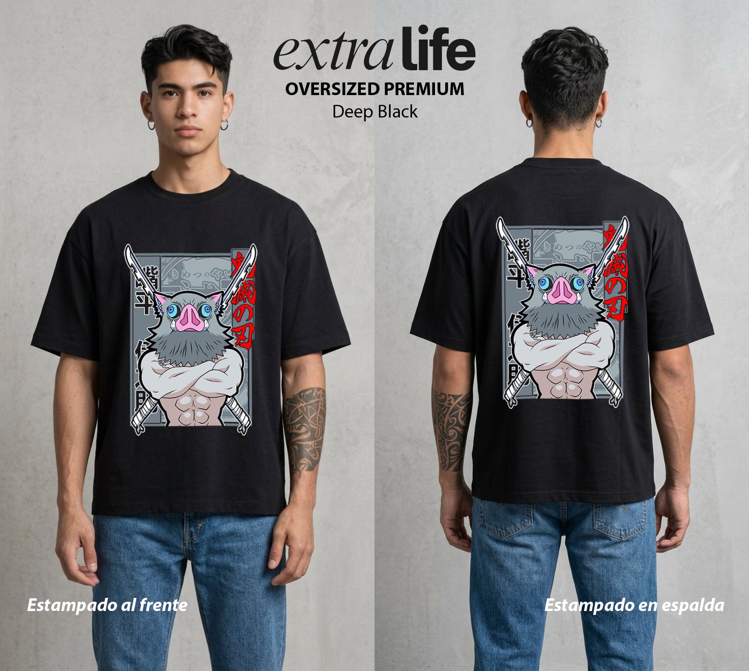 Cazadores de la Noche | El Feral del Equipo #01059 - Playera Oversized Premium | Deep Black - Foto en modelo