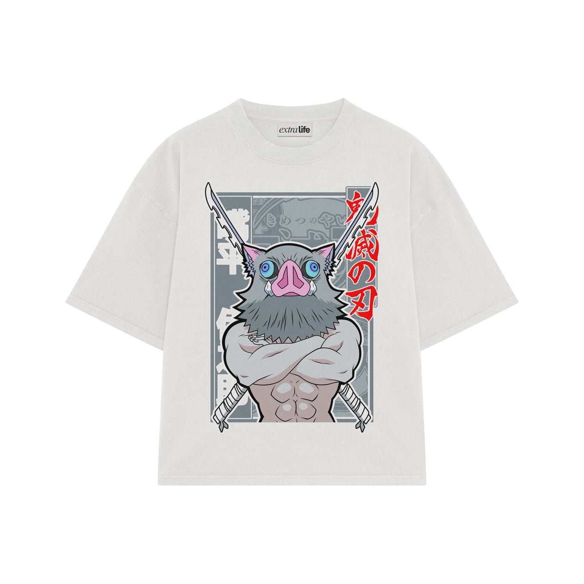 Playera streetwear premium de anime y gaming ExtraLife MX, corte oversized drop shoulder ligero y fresco en color Deep Black y Off-White, moda urbana mexicana de culto.