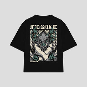 Playera streetwear premium de anime y gaming ExtraLife MX, corte boxy oversized drop shoulder heavyweight en color Deep Black y Off-White, moda urbana mexicana de culto.