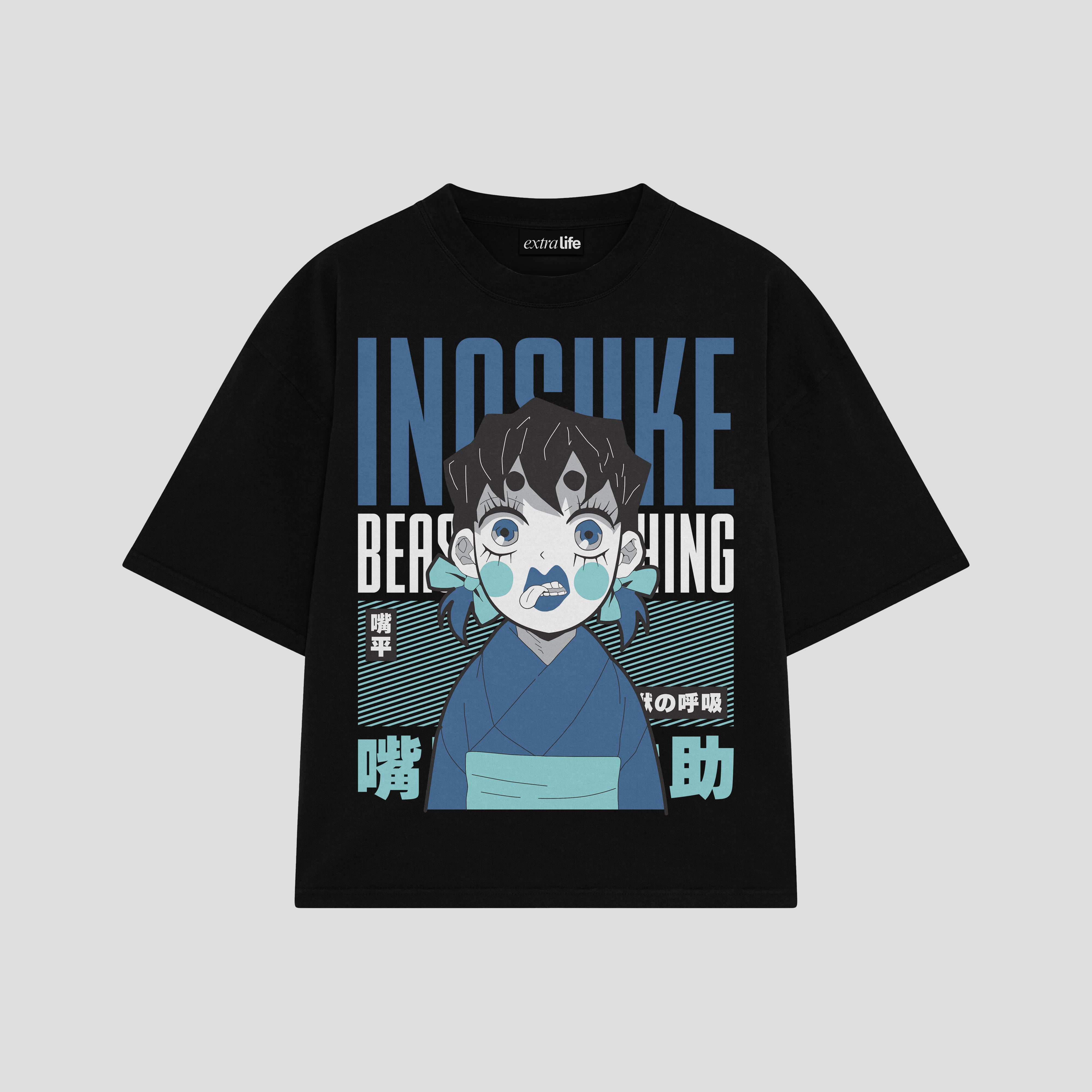 Playera streetwear premium de anime y gaming ExtraLife MX, corte boxy oversized drop shoulder heavyweight en color Deep Black y Off-White, moda urbana mexicana de culto.
