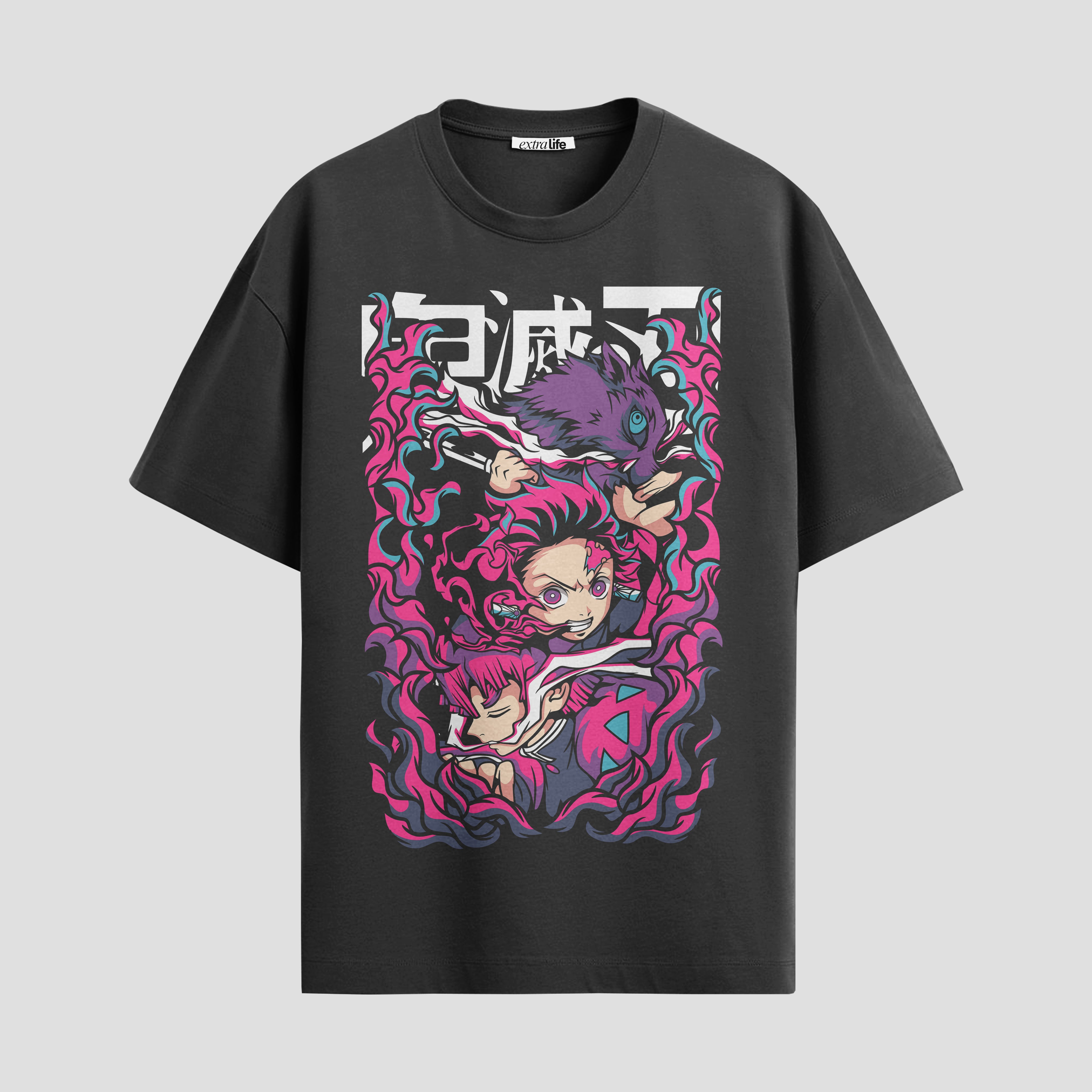 Playera urbana de anime y gaming ExtraLife MX, corte Standard Fit unisex ligero y transpirable en color Deep Black y Pure White, ropa de uso diario para gym y casual.