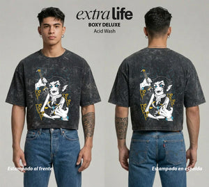 Playera streetwear premium de anime y gaming ExtraLife MX, corte boxy deluxe mineral wash heavyweight en color Acid Wash, moda urbana mexicana de culto.