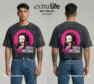 Playera streetwear premium de anime y gaming ExtraLife MX, corte boxy deluxe mineral wash heavyweight en color Acid Wash, moda urbana mexicana de culto.
