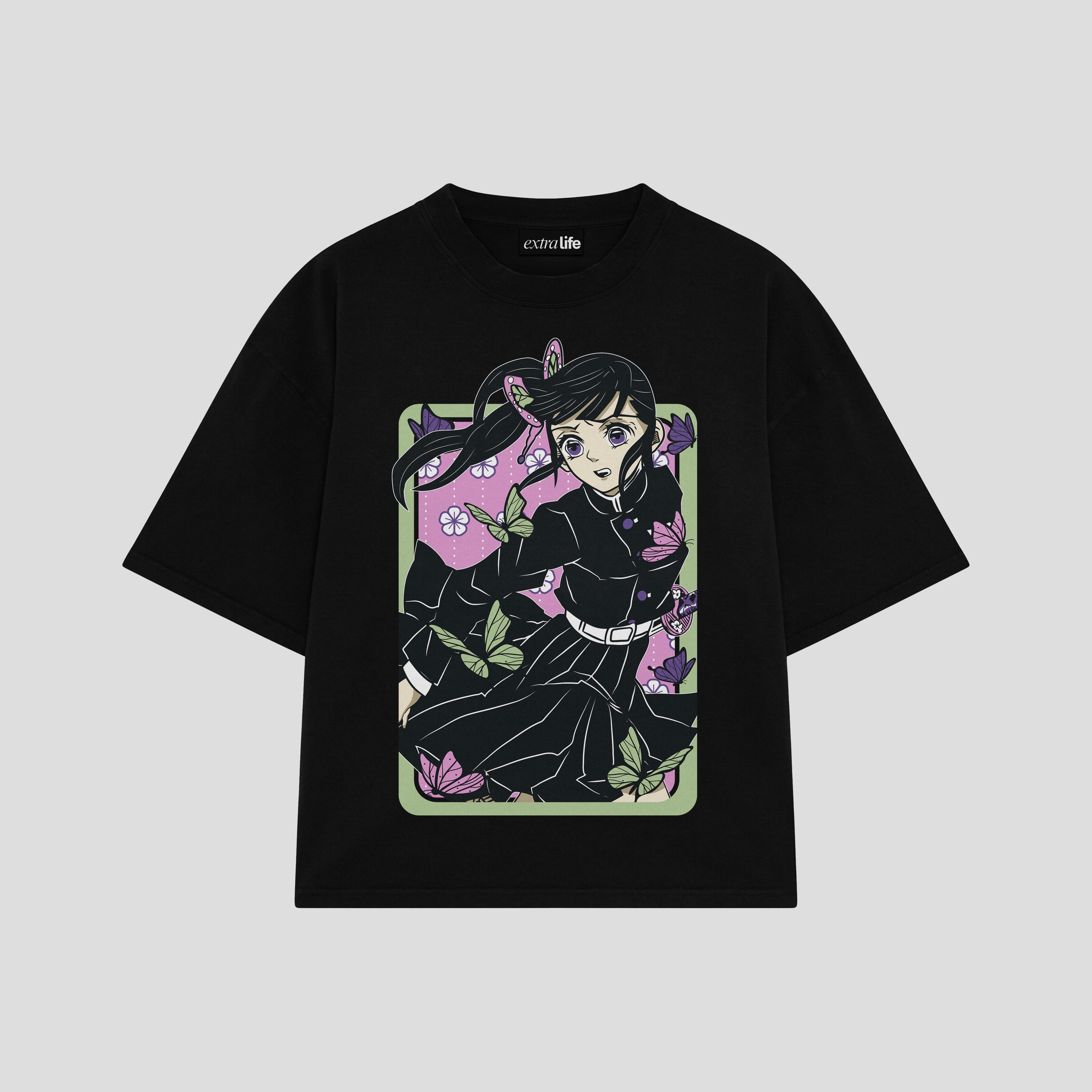 Playera streetwear premium de anime y gaming ExtraLife MX, corte boxy oversized drop shoulder heavyweight en color Deep Black y Off-White, moda urbana mexicana de culto.