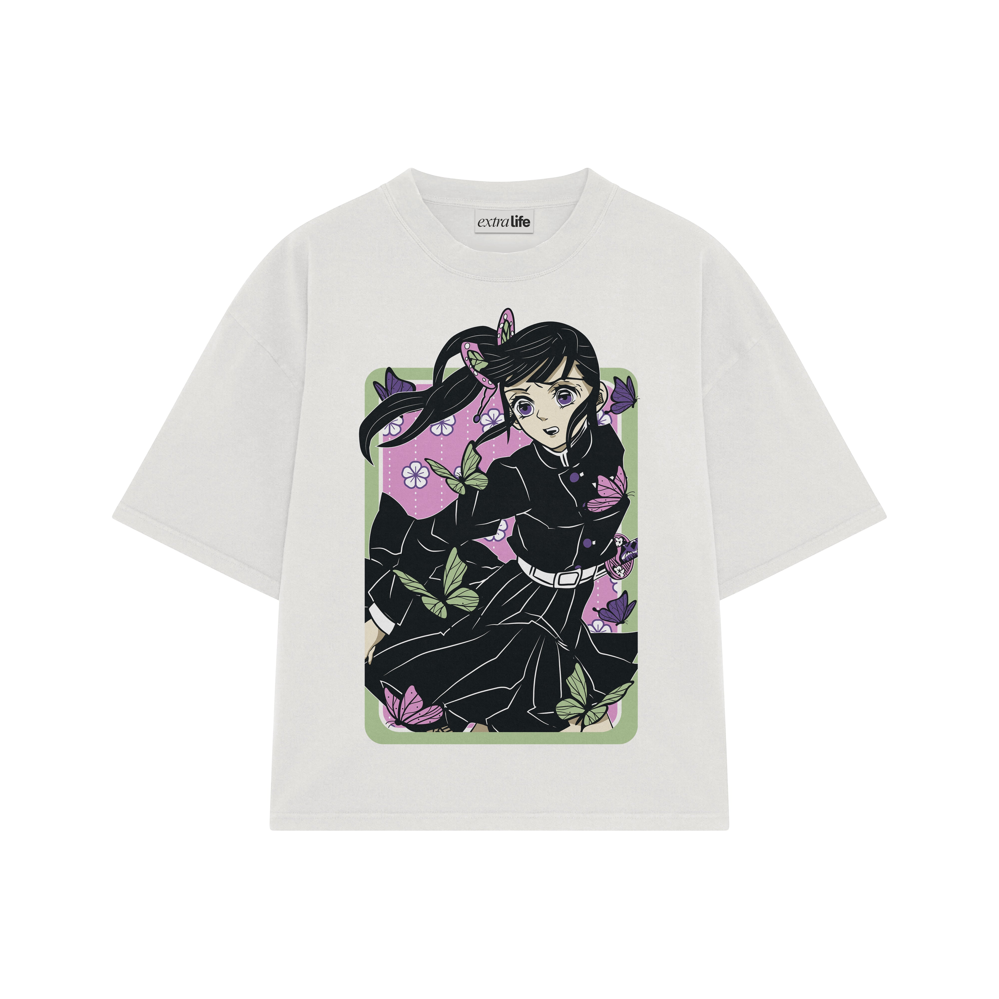 Playera streetwear premium de anime y gaming ExtraLife MX, corte boxy oversized drop shoulder heavyweight en color Deep Black y Off-White, moda urbana mexicana de culto.
