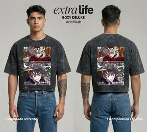 Playera streetwear premium de anime y gaming ExtraLife MX, corte boxy deluxe mineral wash heavyweight en color Acid Wash, moda urbana mexicana de culto.