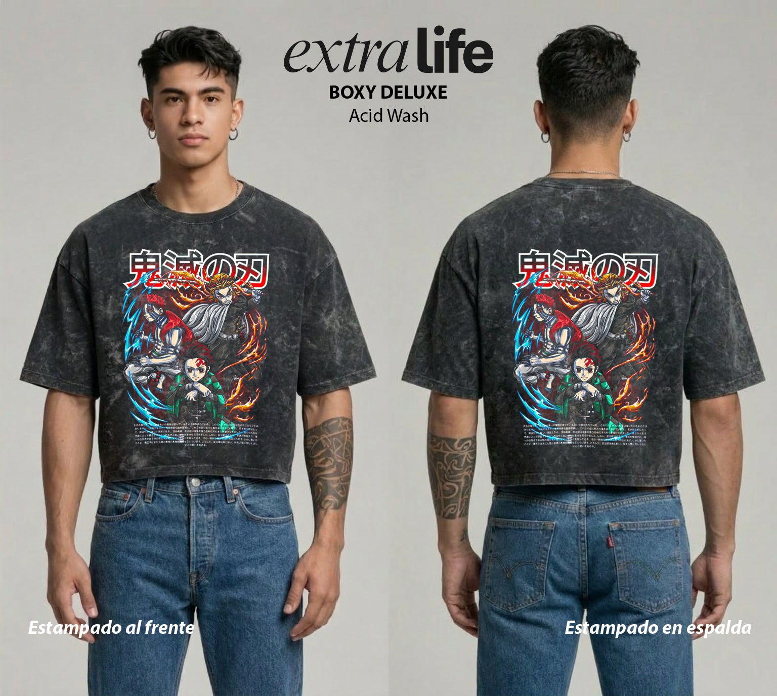 Playera streetwear premium de anime y gaming ExtraLife MX, corte boxy deluxe mineral wash heavyweight en color Acid Wash, moda urbana mexicana de culto.