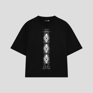 Playera streetwear premium de anime y gaming ExtraLife MX, corte boxy oversized drop shoulder heavyweight en color Deep Black y Off-White, moda urbana mexicana de culto.