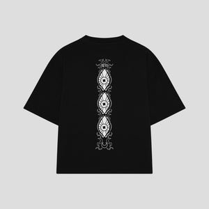 Playera streetwear premium de anime y gaming ExtraLife MX, corte boxy oversized drop shoulder heavyweight en color Deep Black y Off-White, moda urbana mexicana de culto.