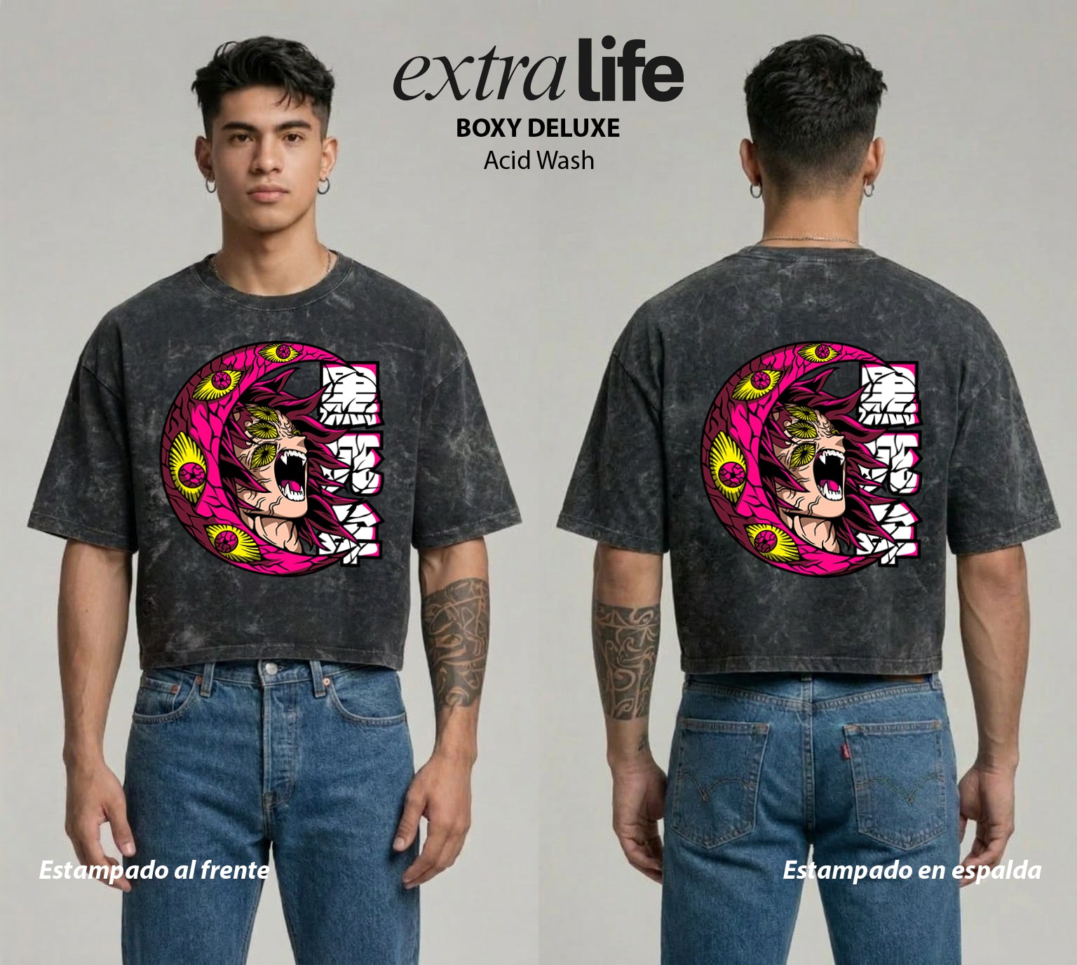 Playera streetwear premium de anime y gaming ExtraLife MX, corte boxy deluxe mineral wash heavyweight en color Acid Wash, moda urbana mexicana de culto.
