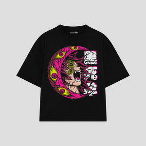Playera streetwear premium de anime y gaming ExtraLife MX, corte boxy oversized drop shoulder heavyweight en color Deep Black y Off-White, moda urbana mexicana de culto.