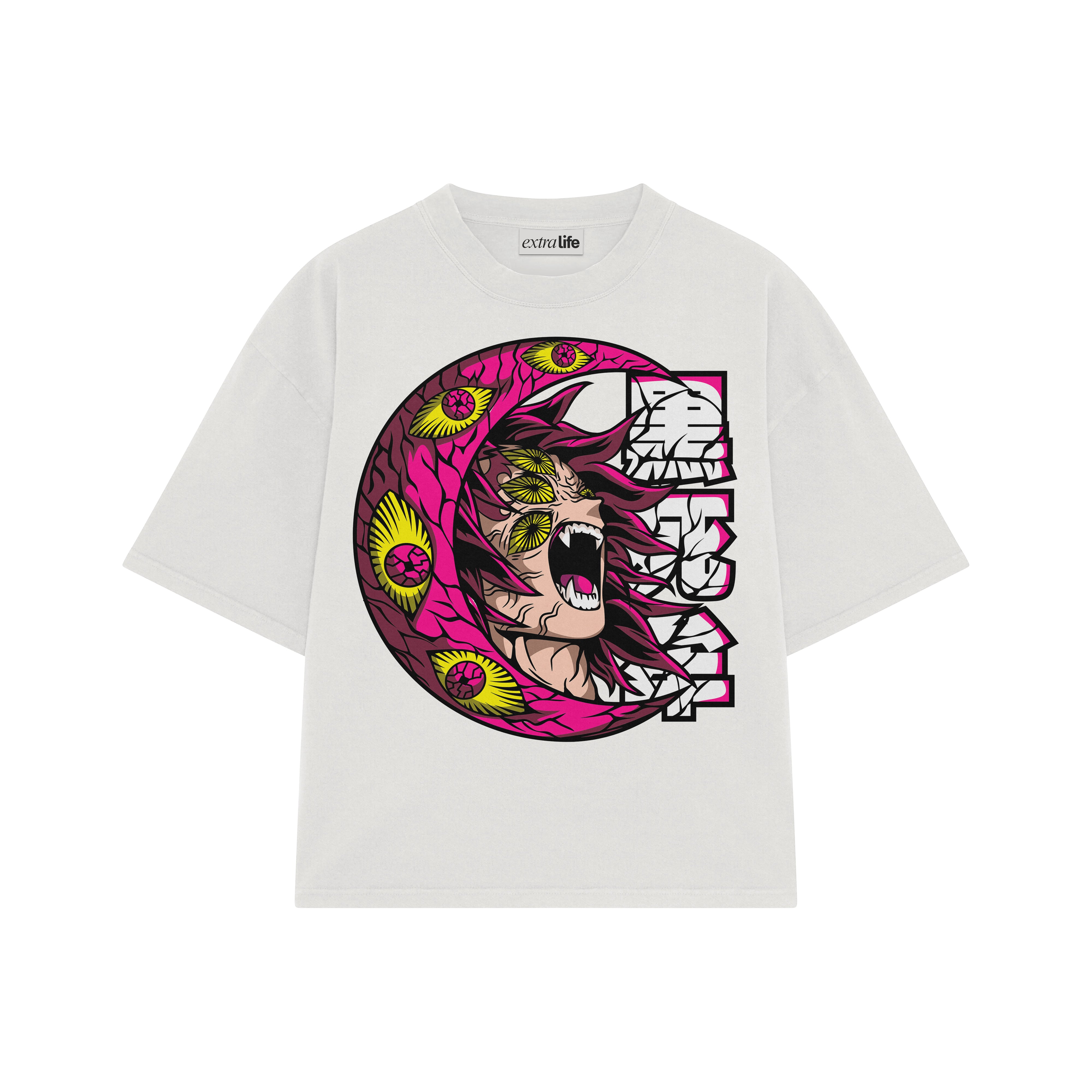 Playera streetwear premium de anime y gaming ExtraLife MX, corte boxy oversized drop shoulder heavyweight en color Deep Black y Off-White, moda urbana mexicana de culto.