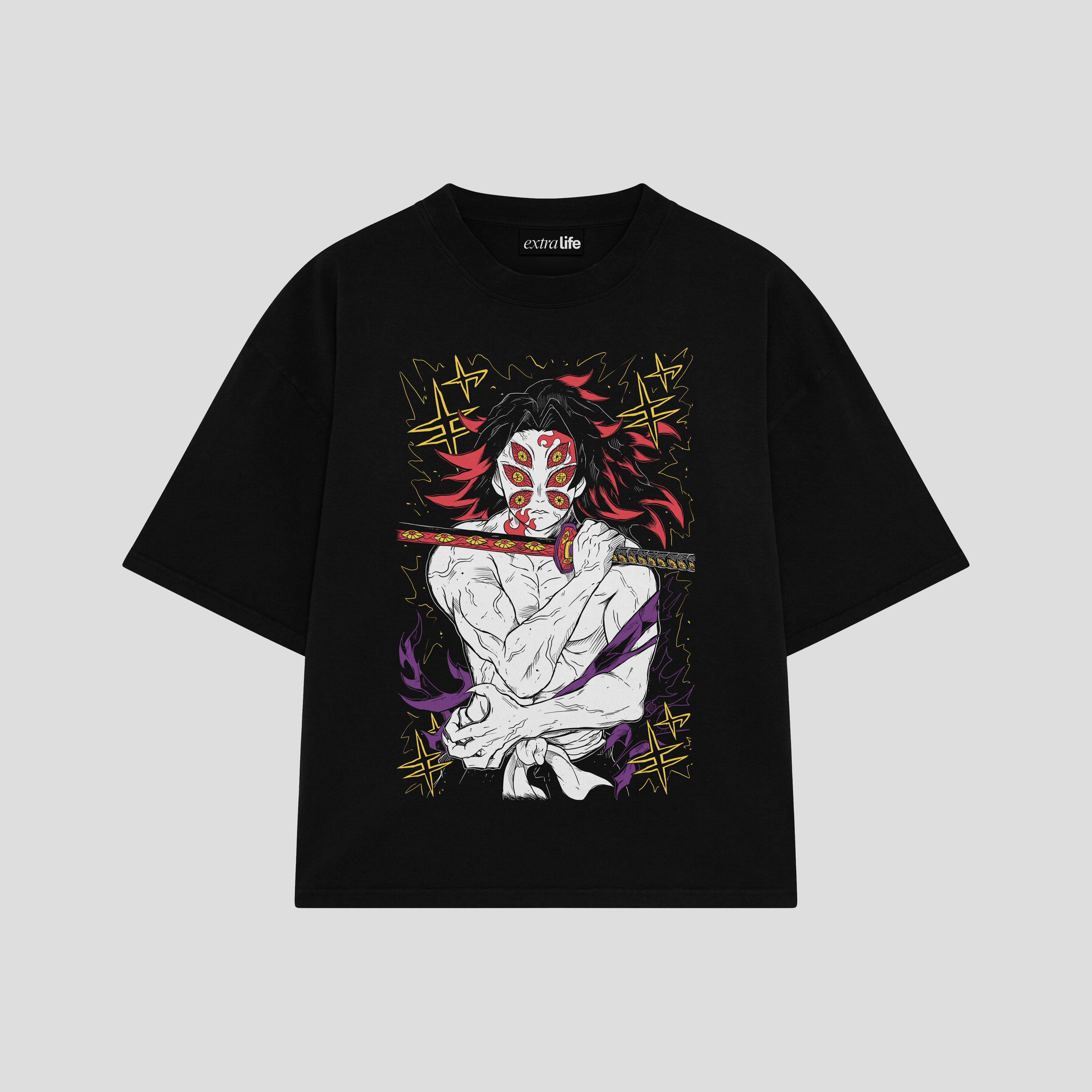 Playera streetwear premium de anime y gaming ExtraLife MX, corte boxy oversized drop shoulder heavyweight en color Deep Black y Off-White, moda urbana mexicana de culto.