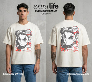 Cazadores de la Noche | Demon Slayer Kyojuro #01086 - Playera Oversized Premium | Off White - Foto en modelo
