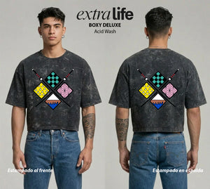 Playera streetwear premium de anime y gaming ExtraLife MX, corte boxy deluxe mineral wash heavyweight en color Acid Wash, moda urbana mexicana de culto.