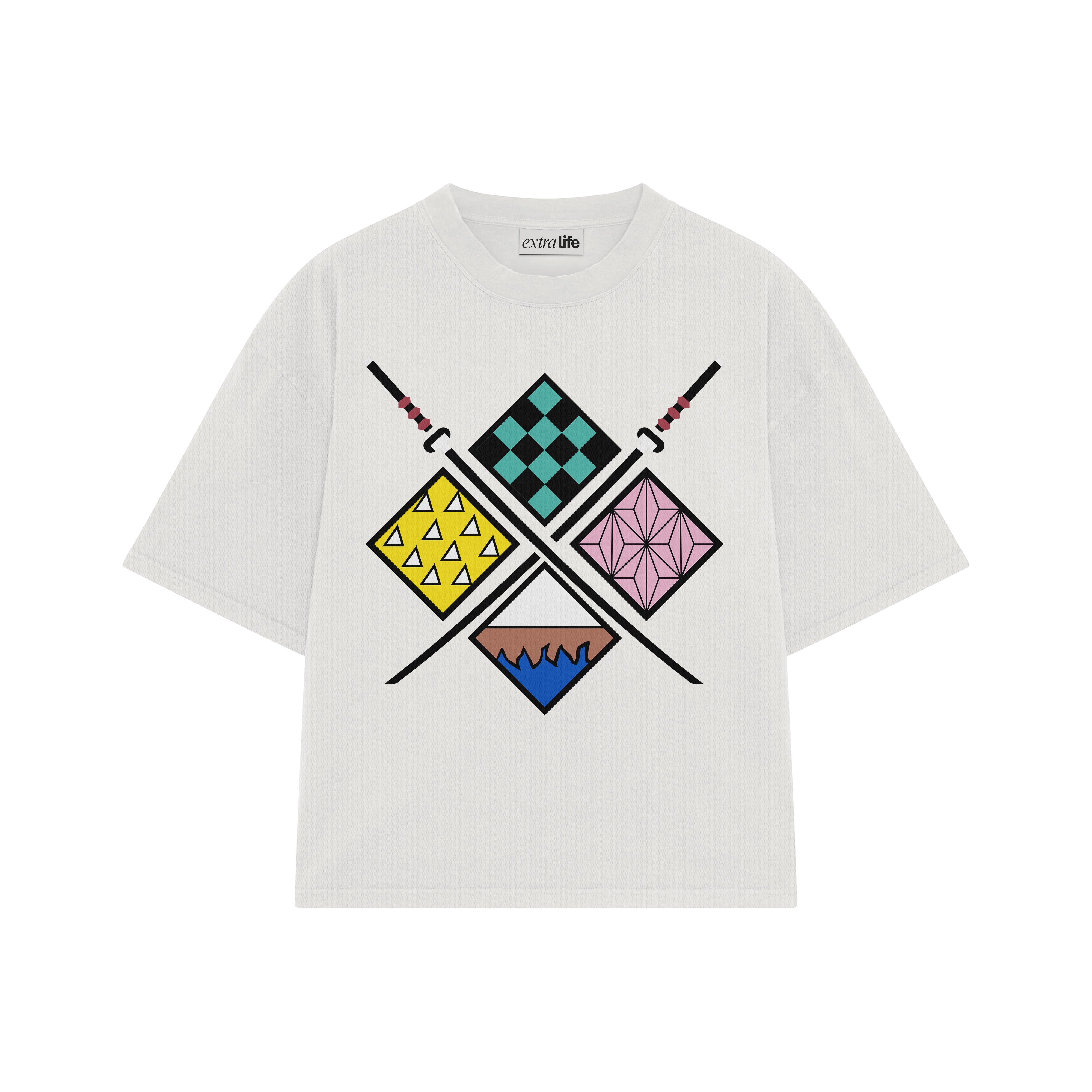 Playera streetwear premium de anime y gaming ExtraLife MX, corte boxy oversized drop shoulder heavyweight en color Deep Black y Off-White, moda urbana mexicana de culto.