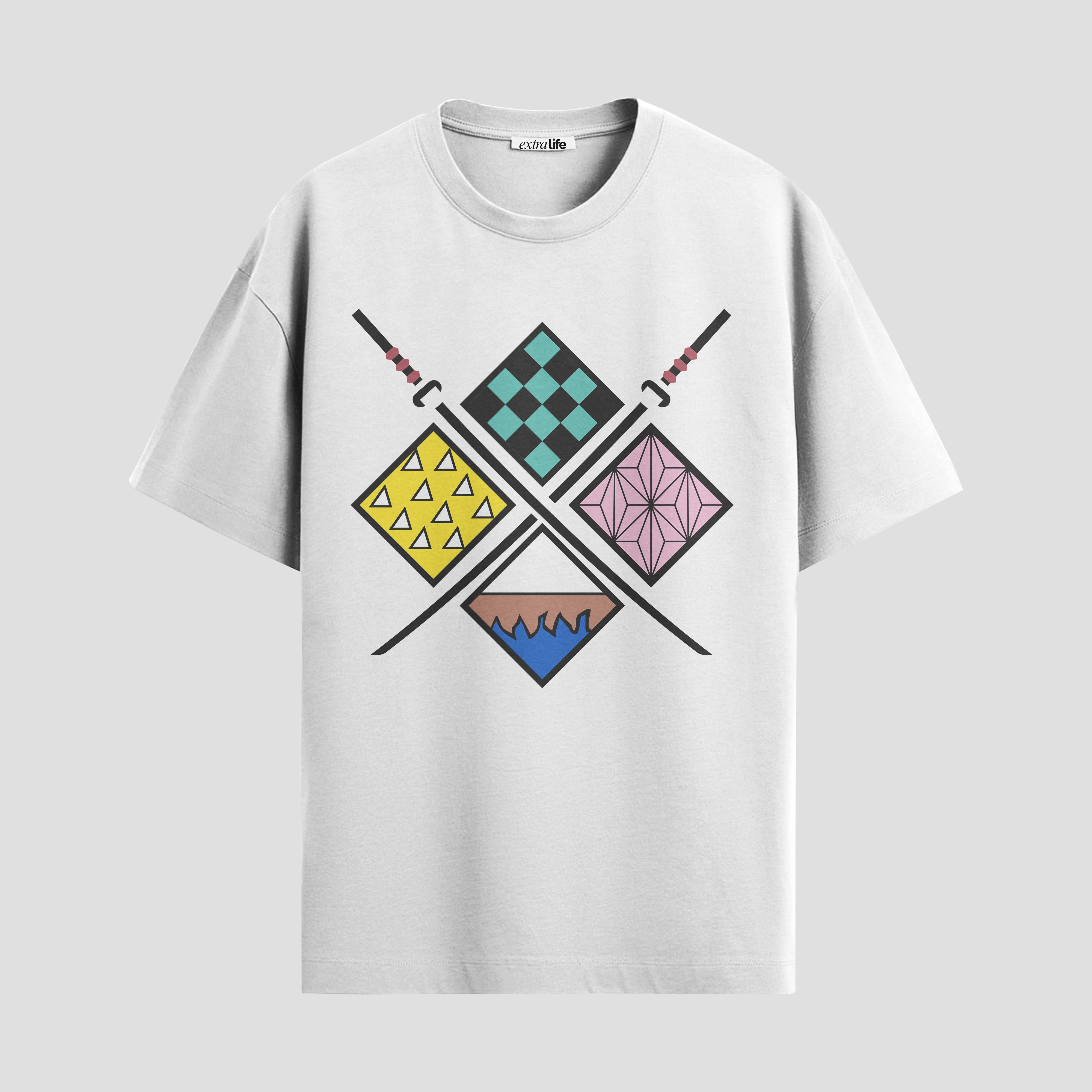 Playera urbana de anime y gaming ExtraLife MX, corte Standard Fit unisex ligero y transpirable en color Deep Black y Pure White, ropa de uso diario para gym y casual.