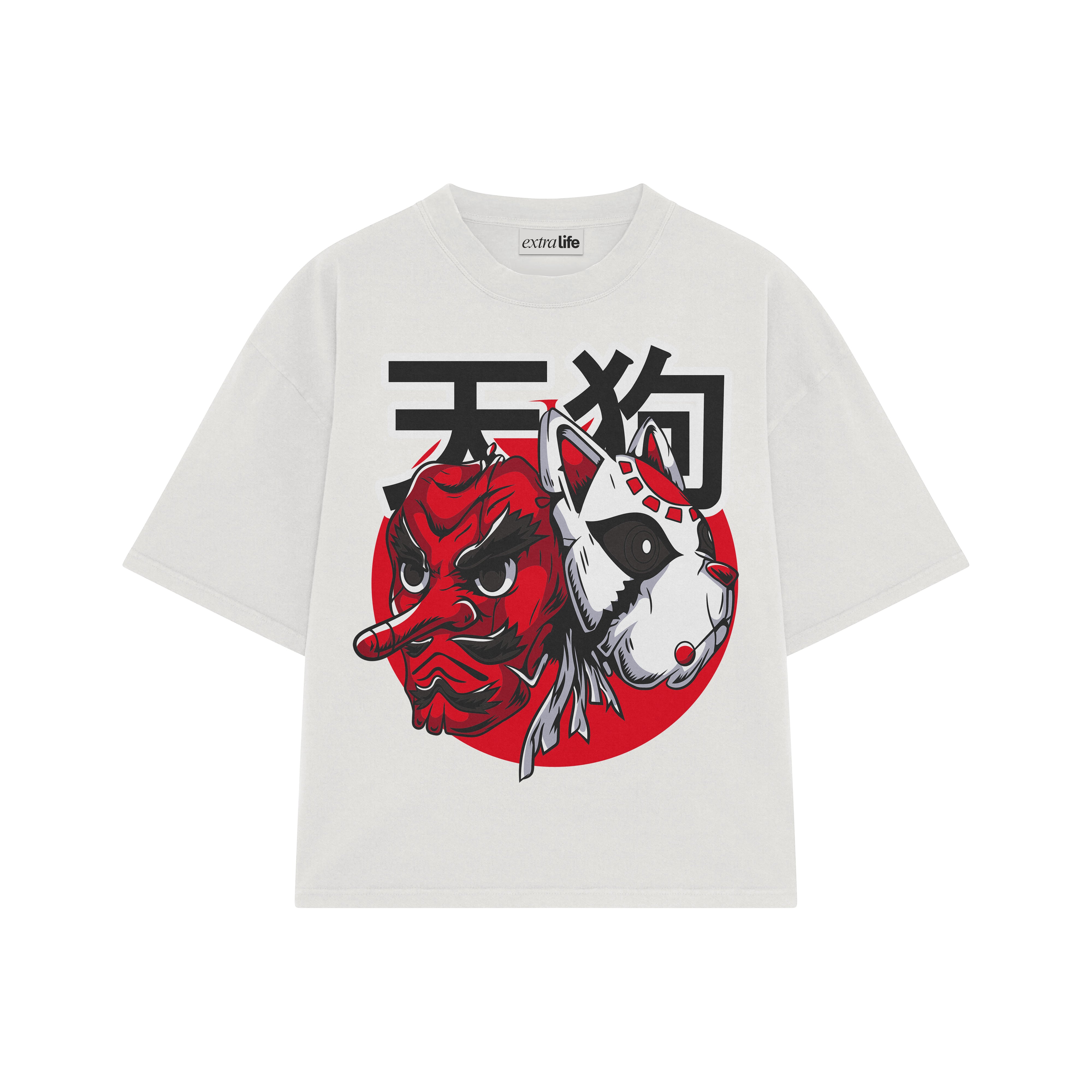 Playera streetwear premium de anime y gaming ExtraLife MX, corte boxy oversized drop shoulder heavyweight en color Deep Black y Off-White, moda urbana mexicana de culto.