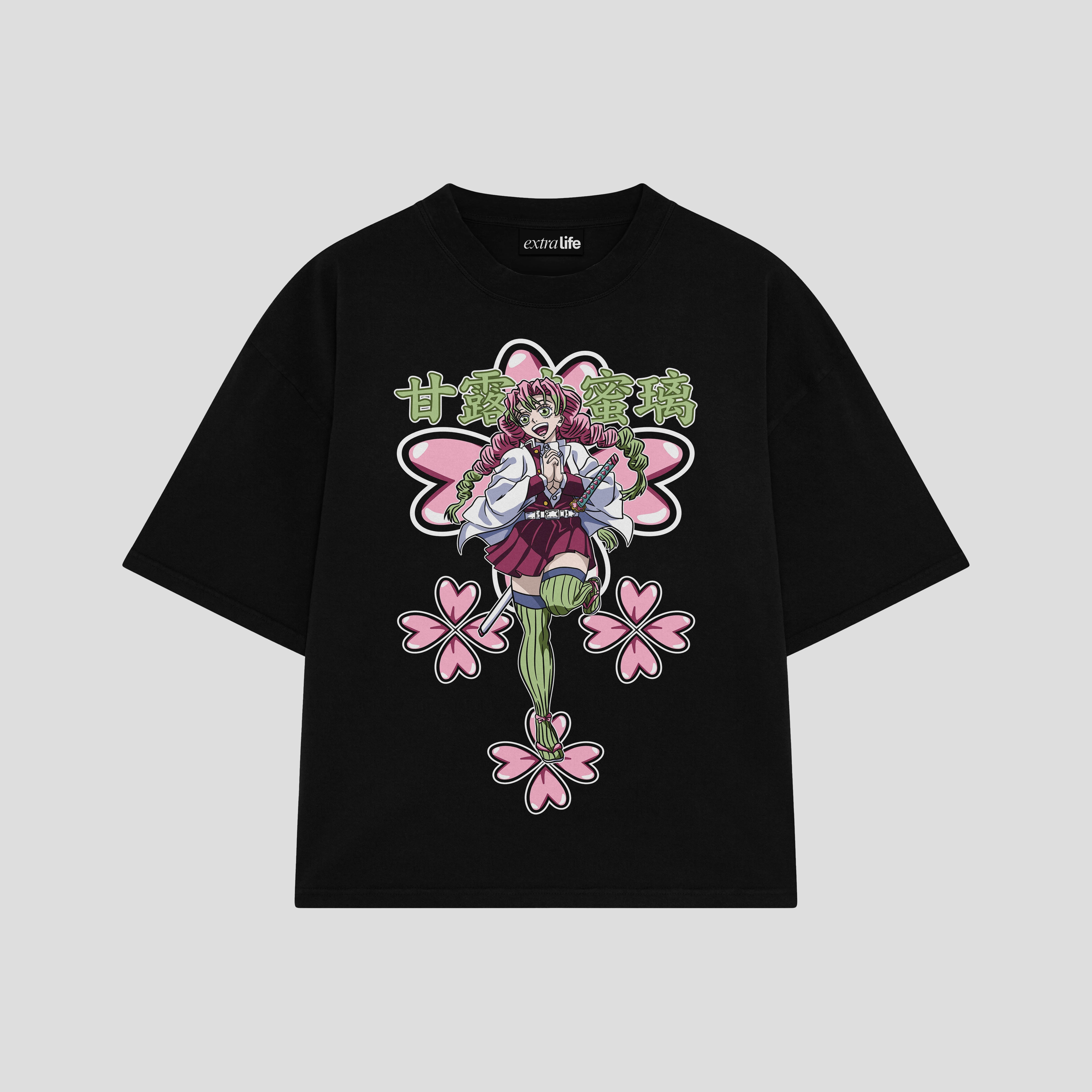 Playera streetwear premium de anime y gaming ExtraLife MX, corte boxy oversized drop shoulder heavyweight en color Deep Black y Off-White, moda urbana mexicana de culto.