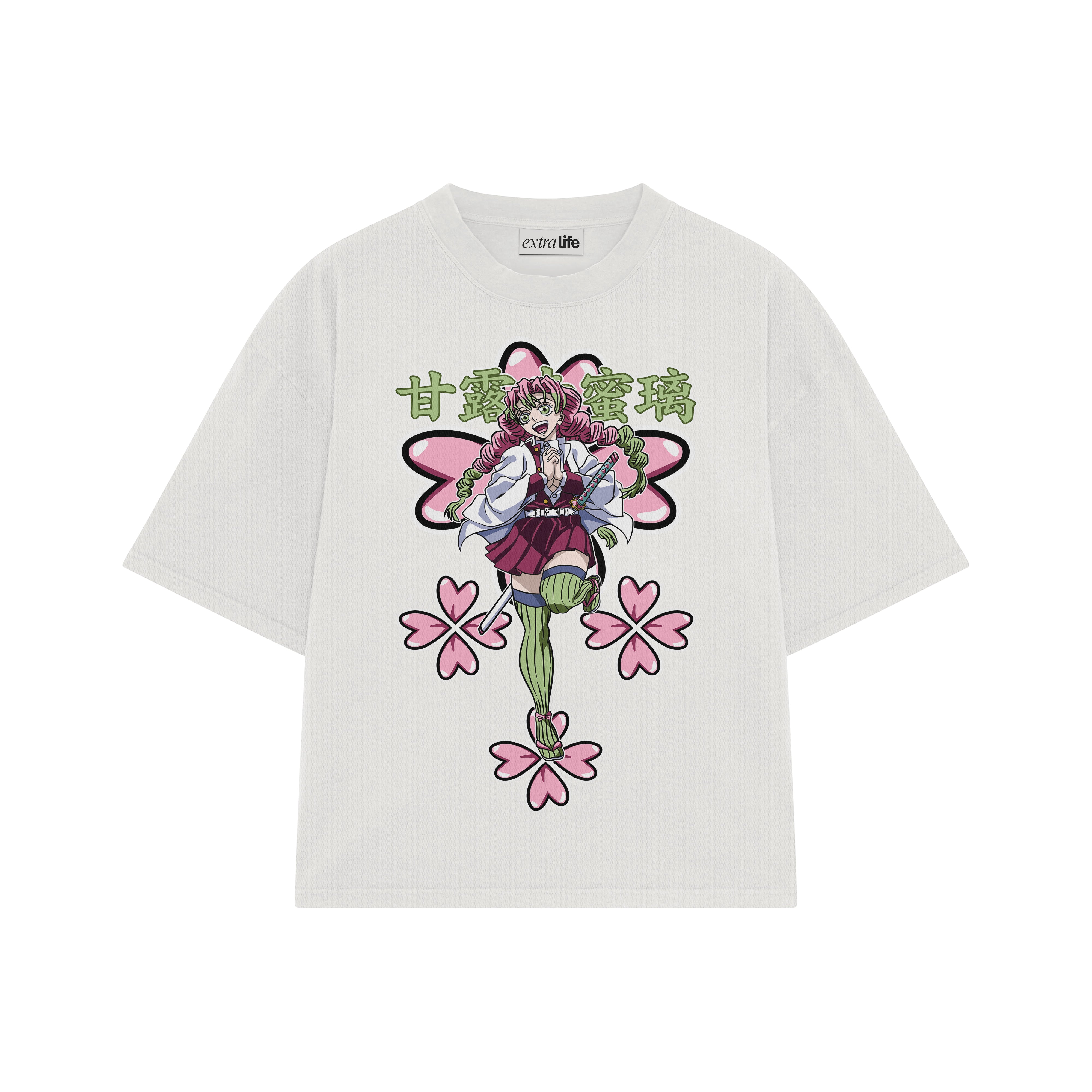 Playera streetwear premium de anime y gaming ExtraLife MX, corte boxy oversized drop shoulder heavyweight en color Deep Black y Off-White, moda urbana mexicana de culto.