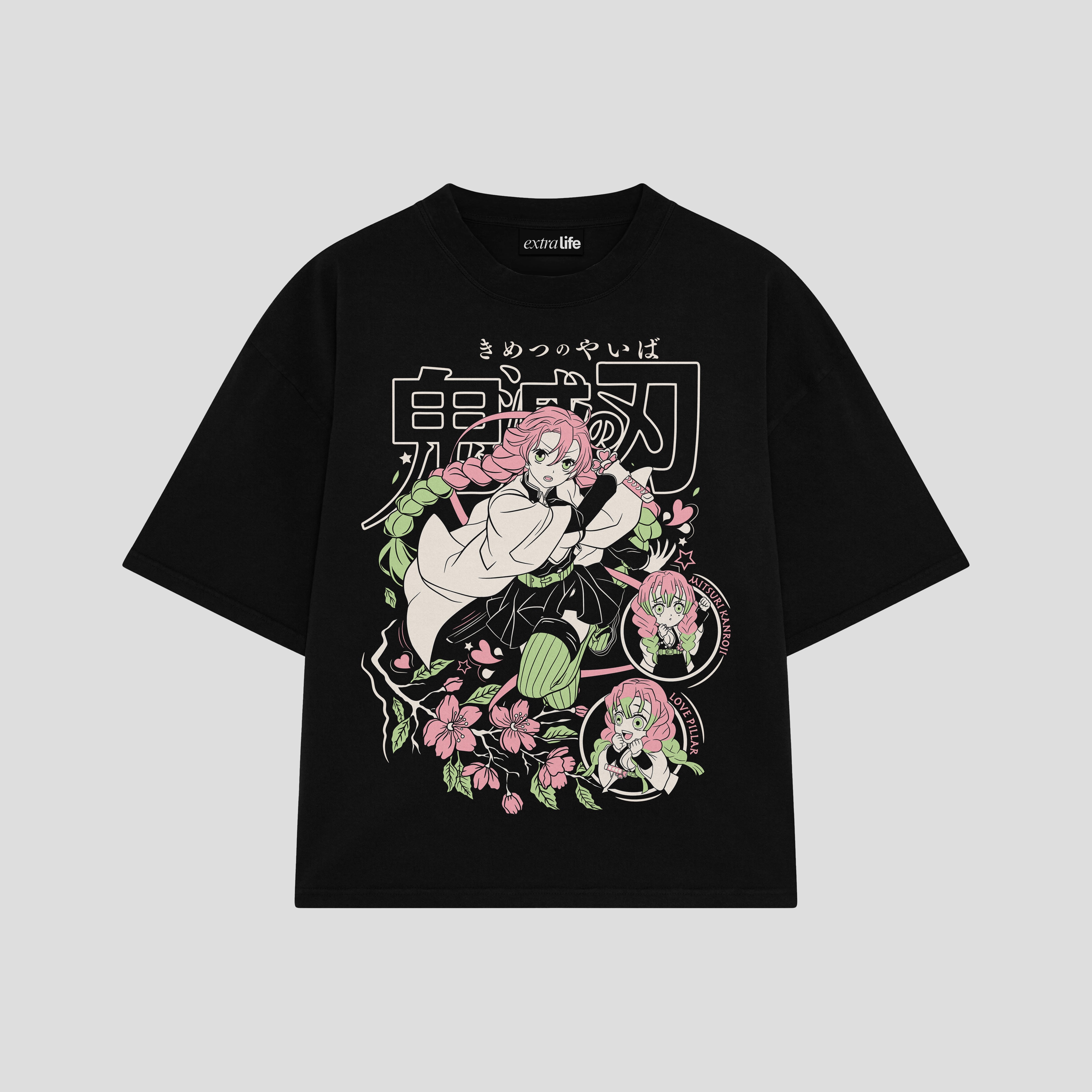 Playera streetwear premium de anime y gaming ExtraLife MX, corte boxy oversized drop shoulder heavyweight en color Deep Black y Off-White, moda urbana mexicana de culto.