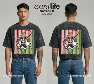 Playera streetwear premium de anime y gaming ExtraLife MX, corte boxy deluxe mineral wash heavyweight en color Acid Wash, moda urbana mexicana de culto.