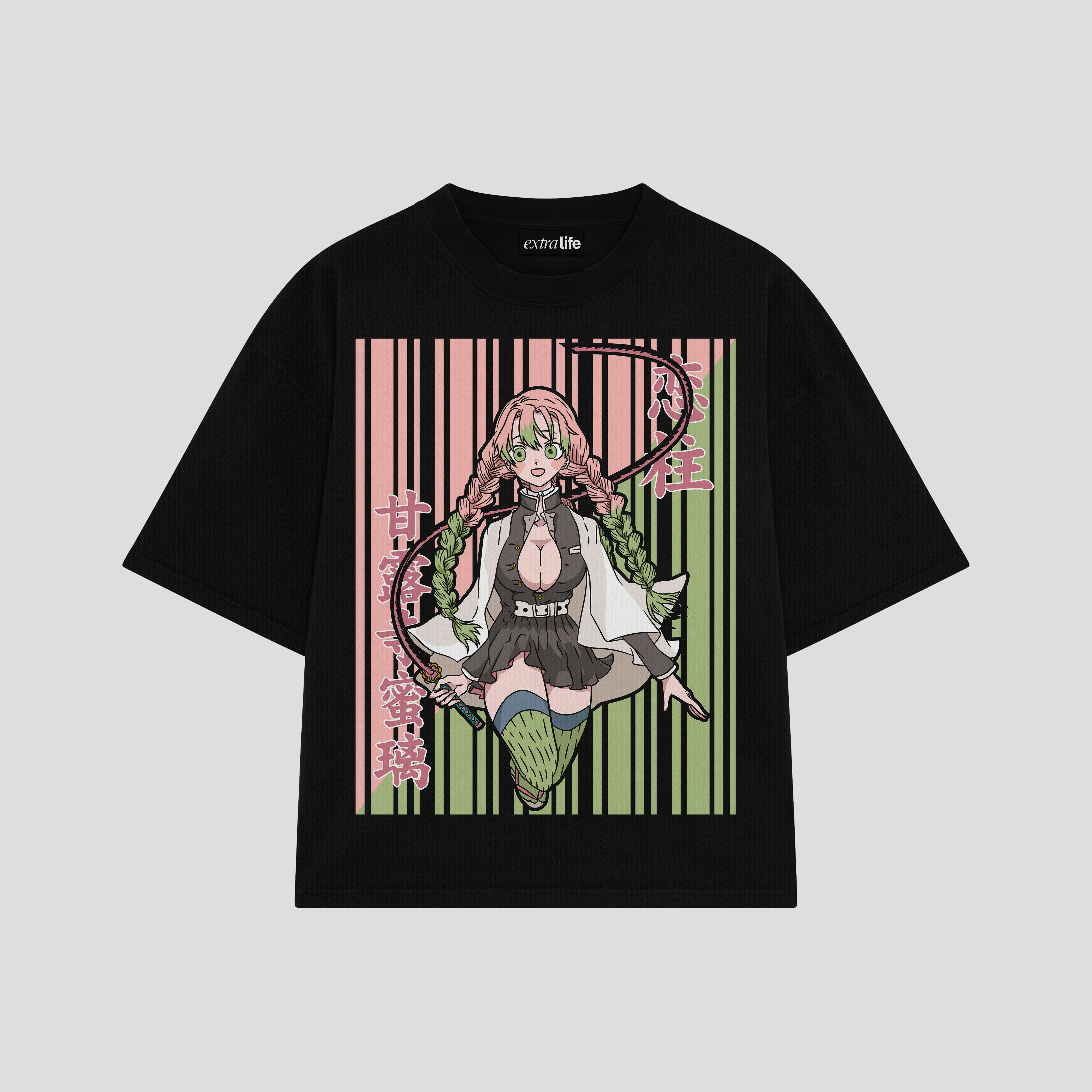 Playera streetwear premium de anime y gaming ExtraLife MX, corte boxy oversized drop shoulder heavyweight en color Deep Black y Off-White, moda urbana mexicana de culto.