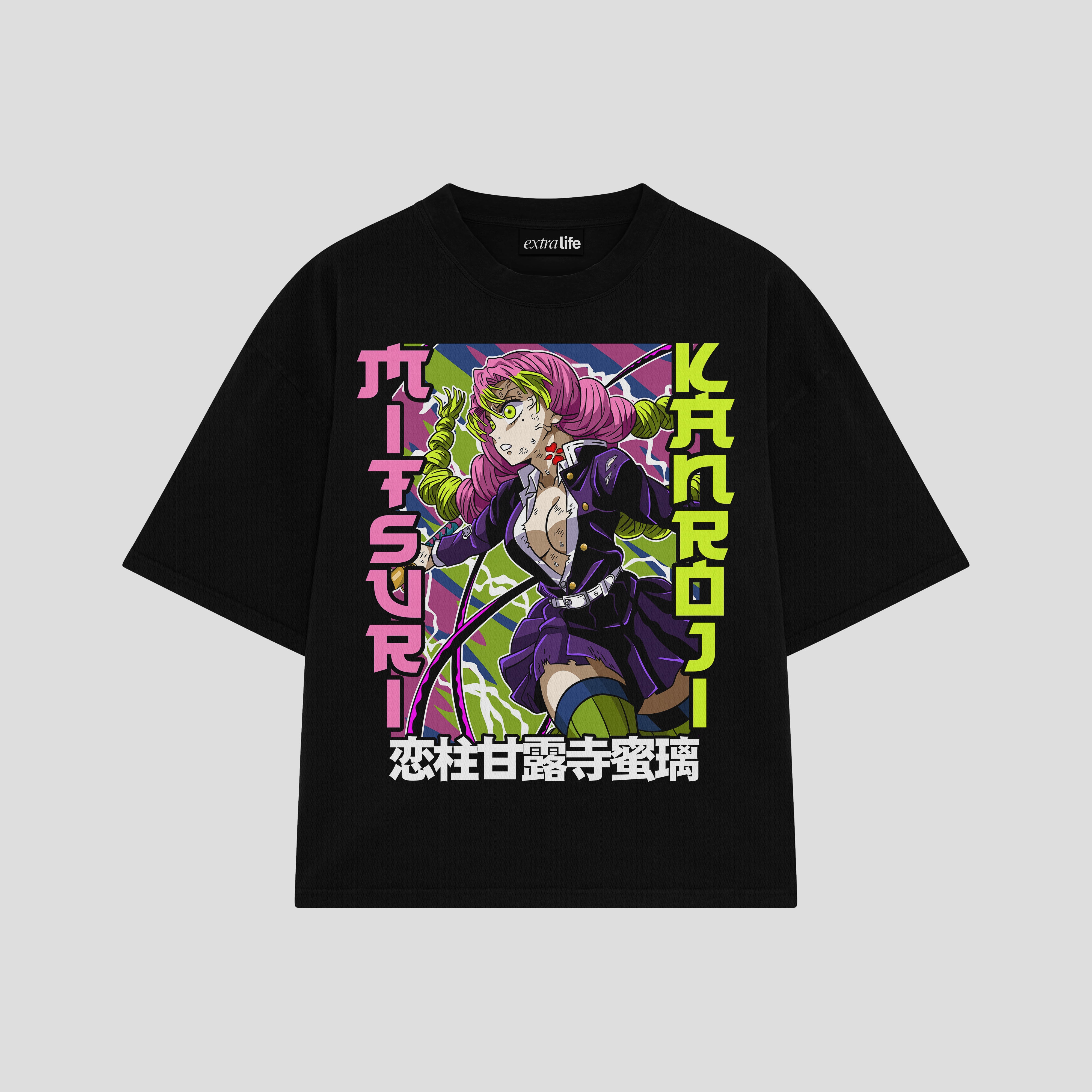 Playera streetwear premium de anime y gaming ExtraLife MX, corte boxy oversized drop shoulder heavyweight en color Deep Black y Off-White, moda urbana mexicana de culto.