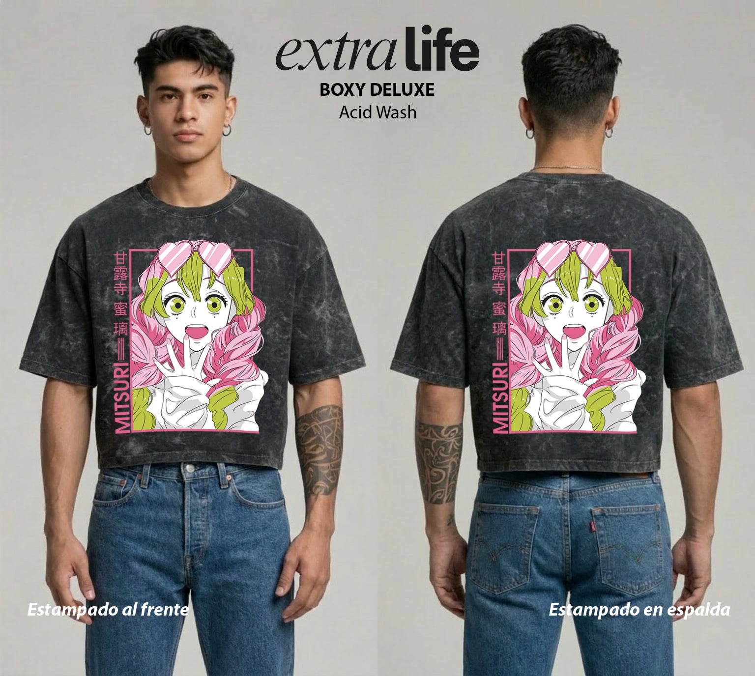 Playera streetwear premium de anime y gaming ExtraLife MX, corte boxy deluxe mineral wash heavyweight en color Acid Wash, moda urbana mexicana de culto.