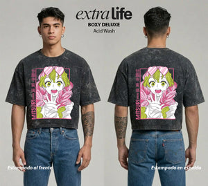 Playera streetwear premium de anime y gaming ExtraLife MX, corte boxy deluxe mineral wash heavyweight en color Acid Wash, moda urbana mexicana de culto.