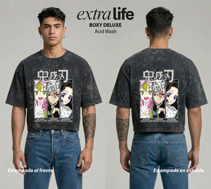 Playera streetwear premium de anime y gaming ExtraLife MX, corte boxy deluxe mineral wash heavyweight en color Acid Wash, moda urbana mexicana de culto.