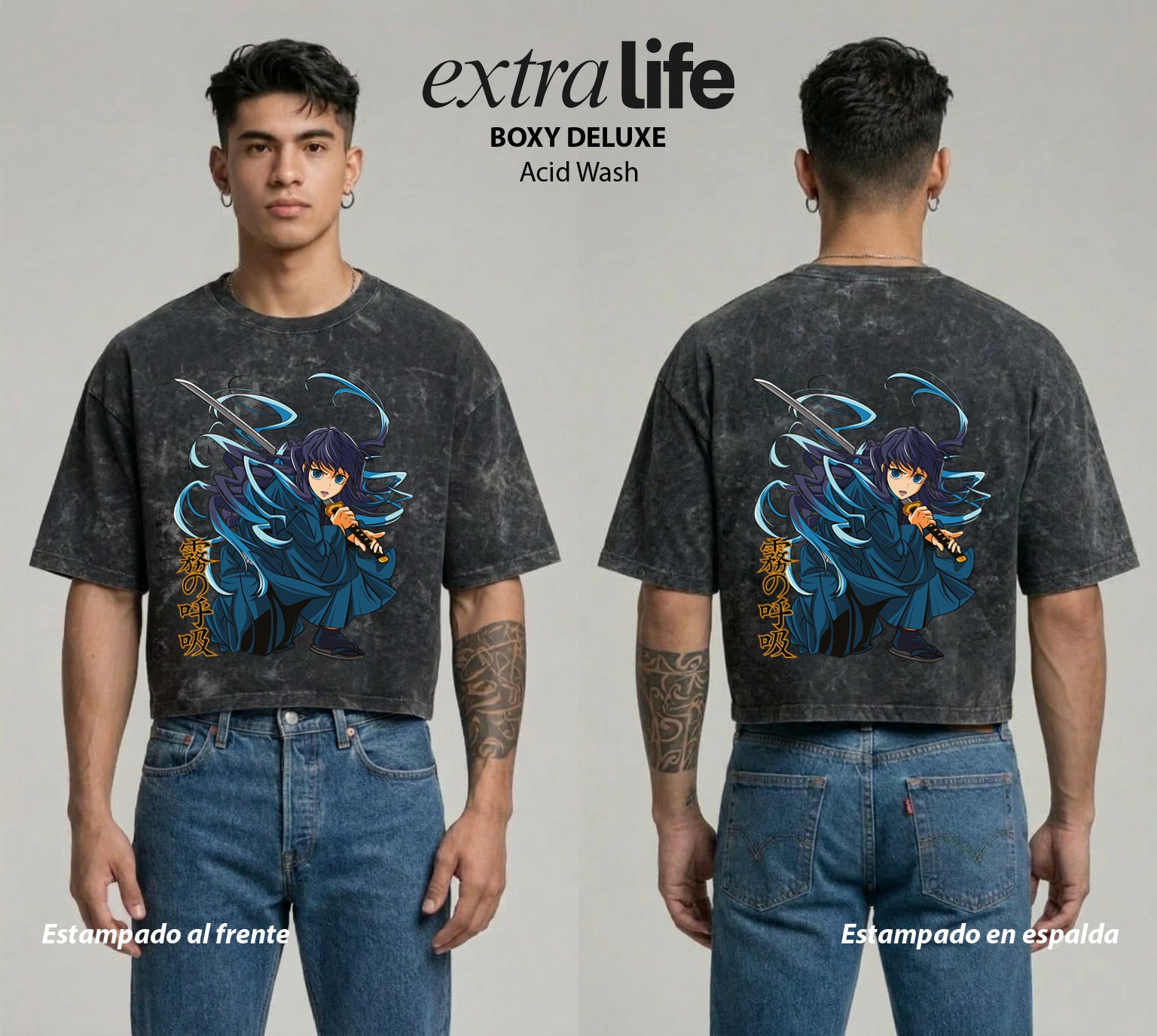 Playera streetwear premium de anime y gaming ExtraLife MX, corte boxy deluxe mineral wash heavyweight en color Acid Wash, moda urbana mexicana de culto.
